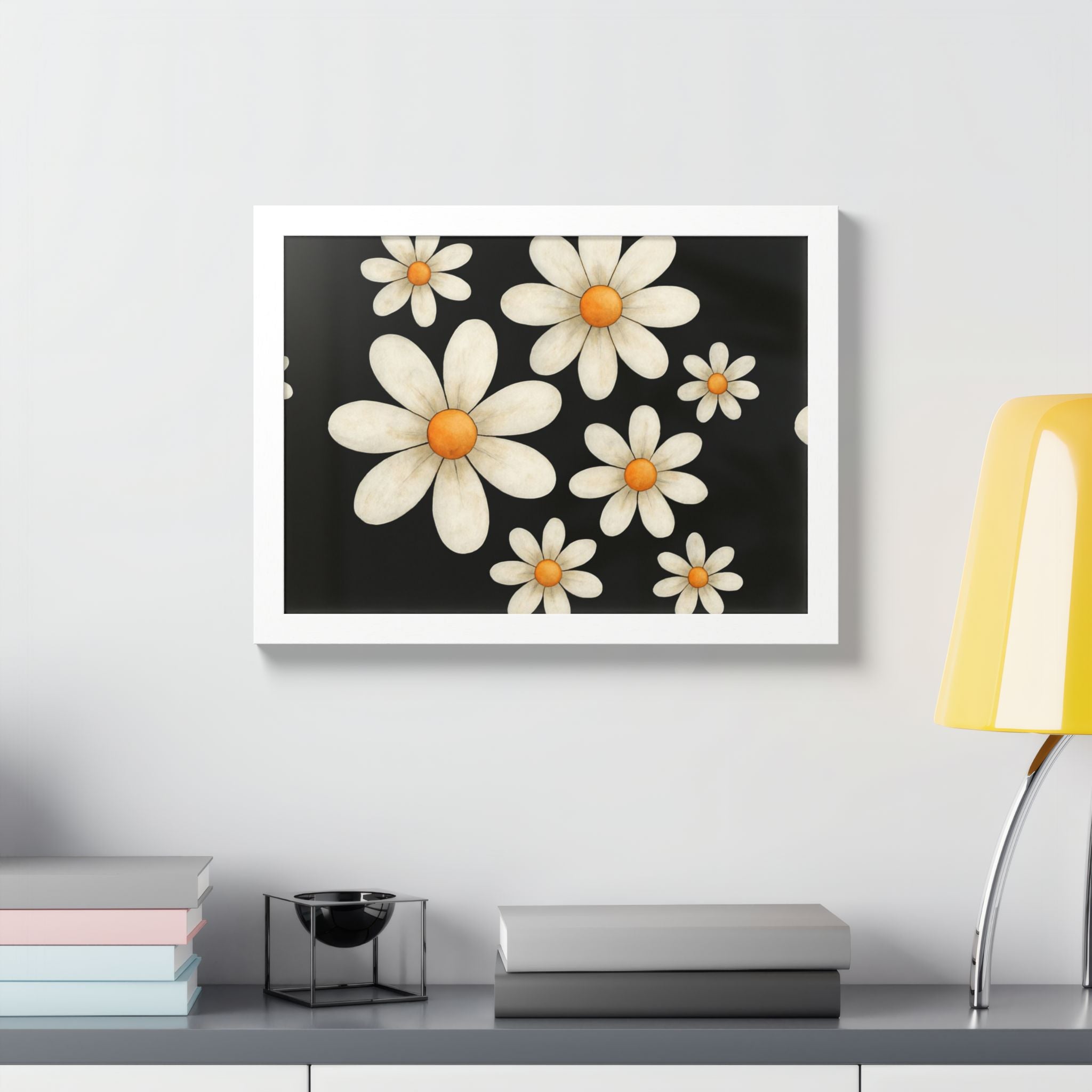 Framed Poster, Daisy Flower Wood, Floral Wall Art, Botanical Home Decor, Nature Lover Gift, Black Background, Unique Design