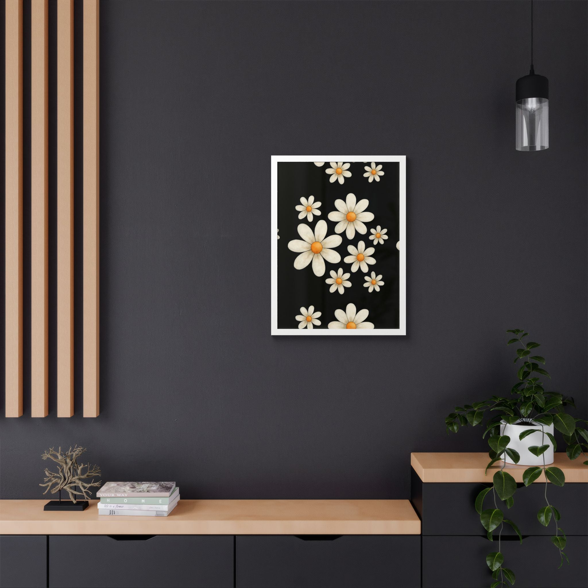 Framed Poster, Daisy Flower Wood, Floral Wall Art, Botanical Home Decor, Nature Lover Gift, Black Background, Unique Design