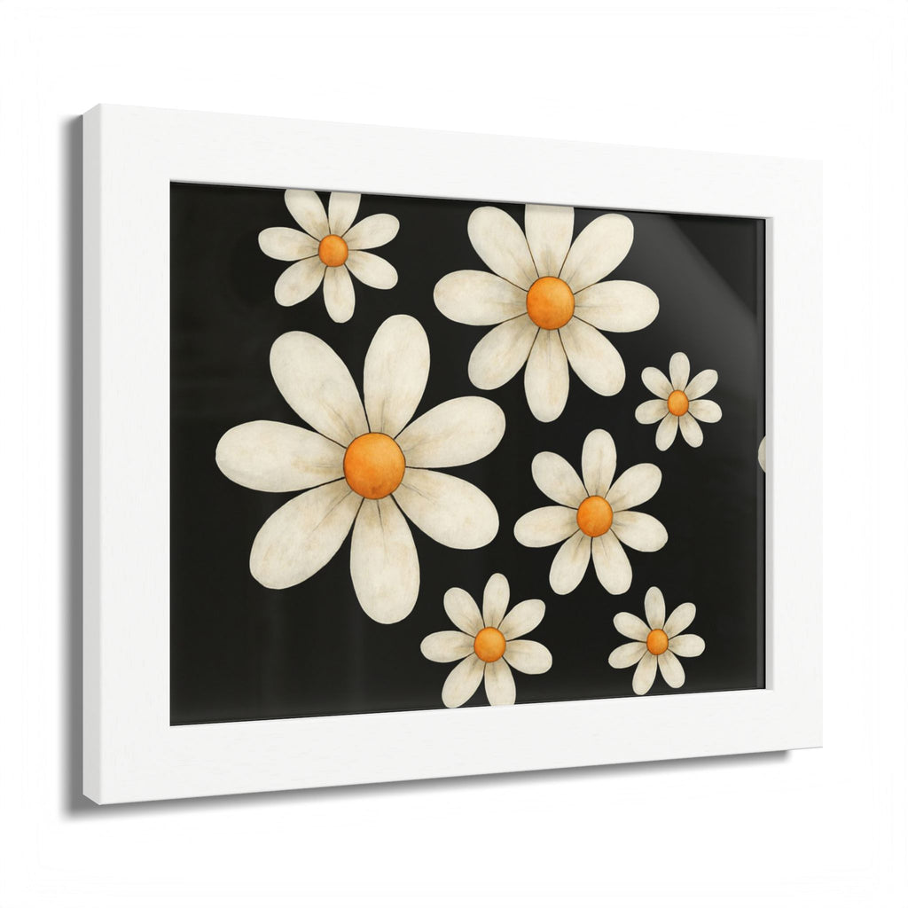 Framed Poster, Daisy Flower Wood, Floral Wall Art, Botanical Home Decor, Nature Lover Gift, Black Background, Unique Design