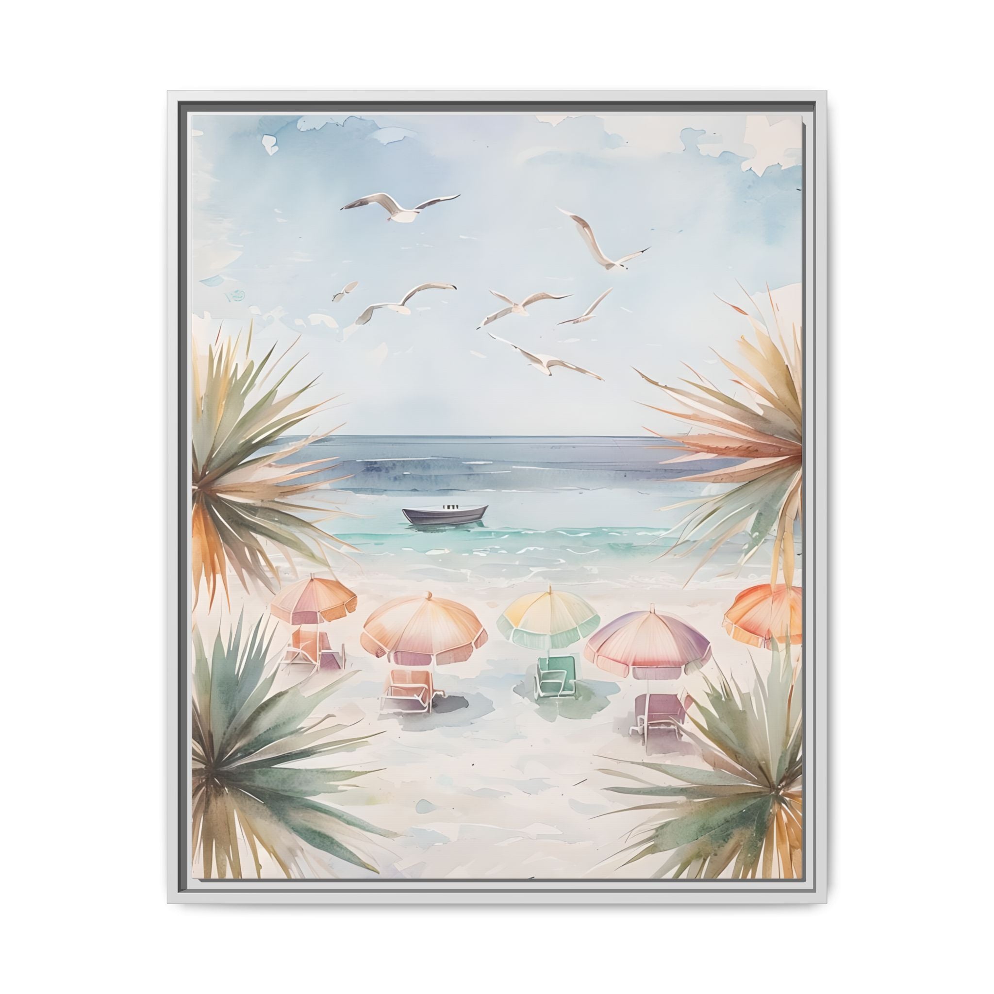 Beach Scene Canvas Wall Art, Oceanview Balcony Print, Umbrellas Seagulls Palm Trees Boat, Matte Framed Decor, Coastal Home Decoration