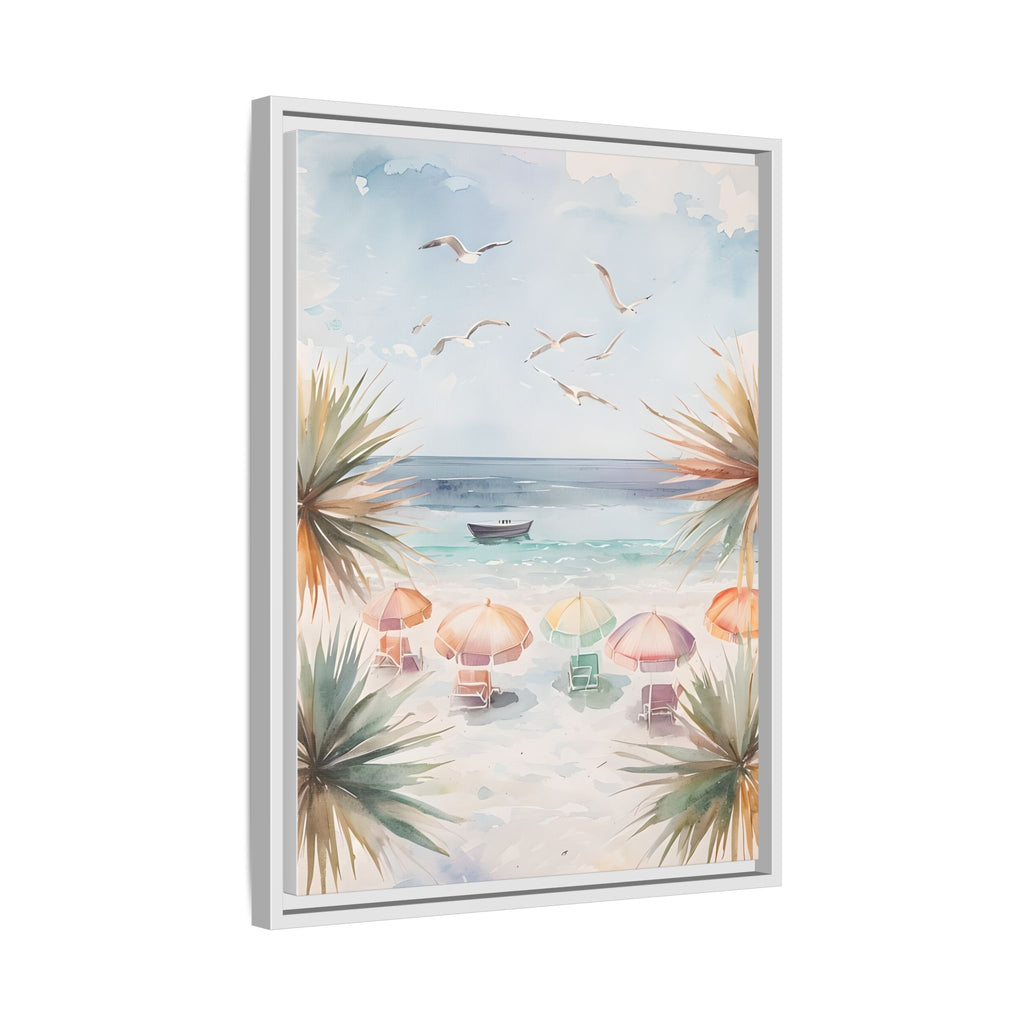 Beach Scene Canvas Wall Art, Oceanview Balcony Print, Umbrellas Seagulls Palm Trees Boat, Matte Framed Decor, Coastal Home Decoration