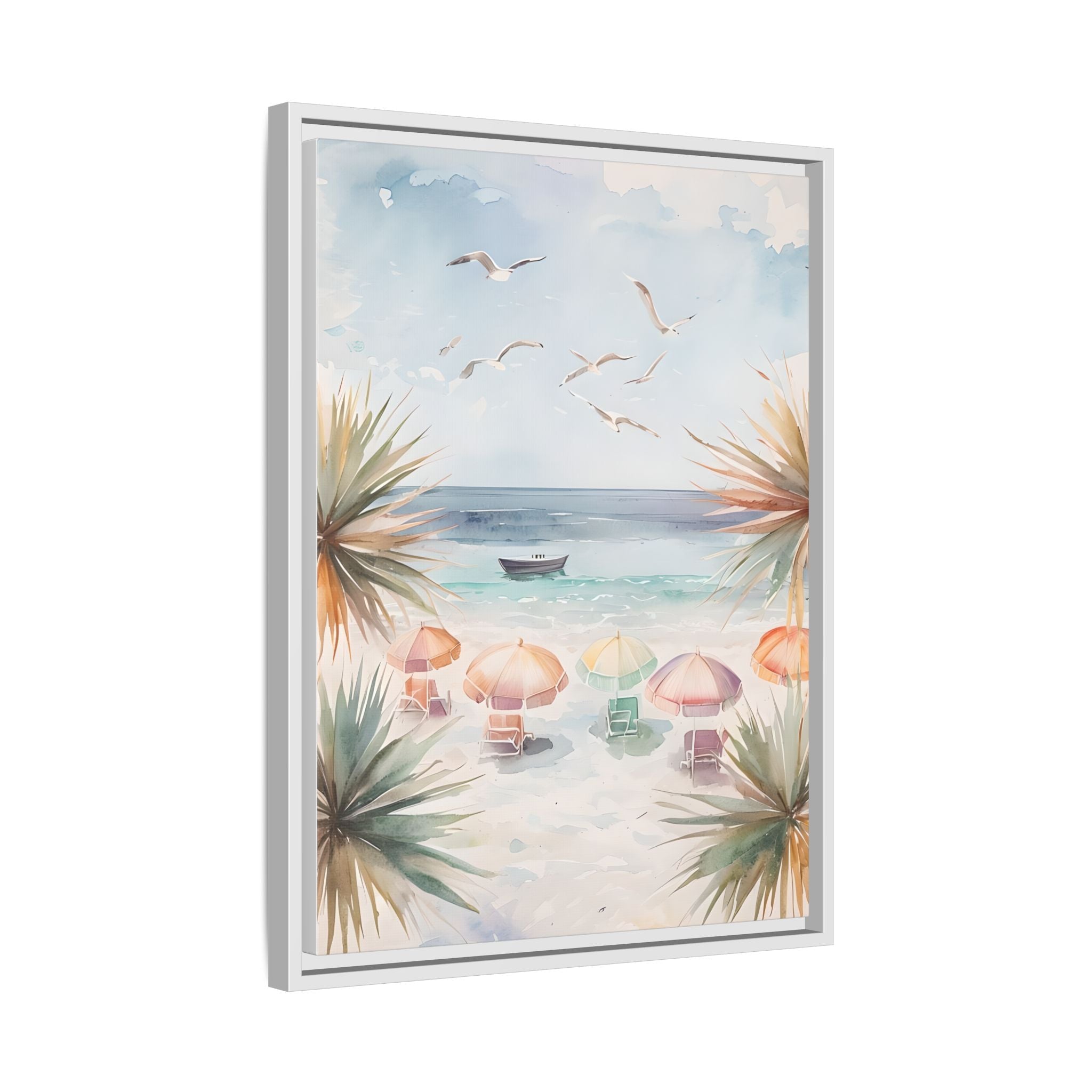 Beach Scene Canvas Wall Art, Oceanview Balcony Print, Umbrellas Seagulls Palm Trees Boat, Matte Framed Decor, Coastal Home Decoration