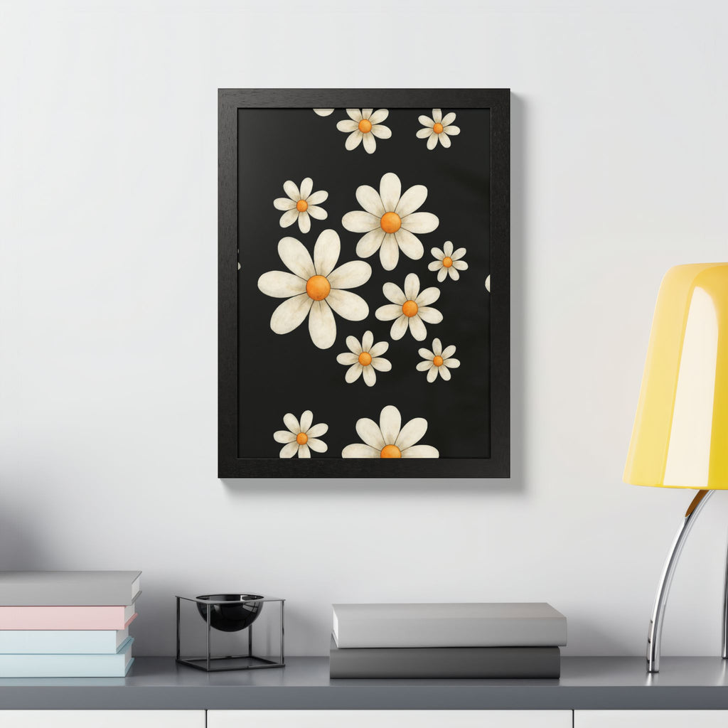 Framed Poster, Daisy Flower Wood, Floral Wall Art, Botanical Home Decor, Nature Lover Gift, Black Background, Unique Design