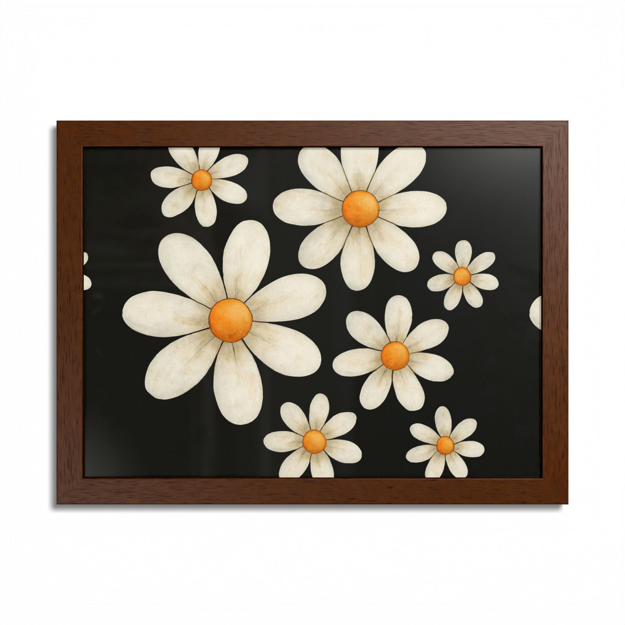 Framed Poster, Daisy Flower Wood, Floral Wall Art, Botanical Home Decor, Nature Lover Gift, Black Background, Unique Design