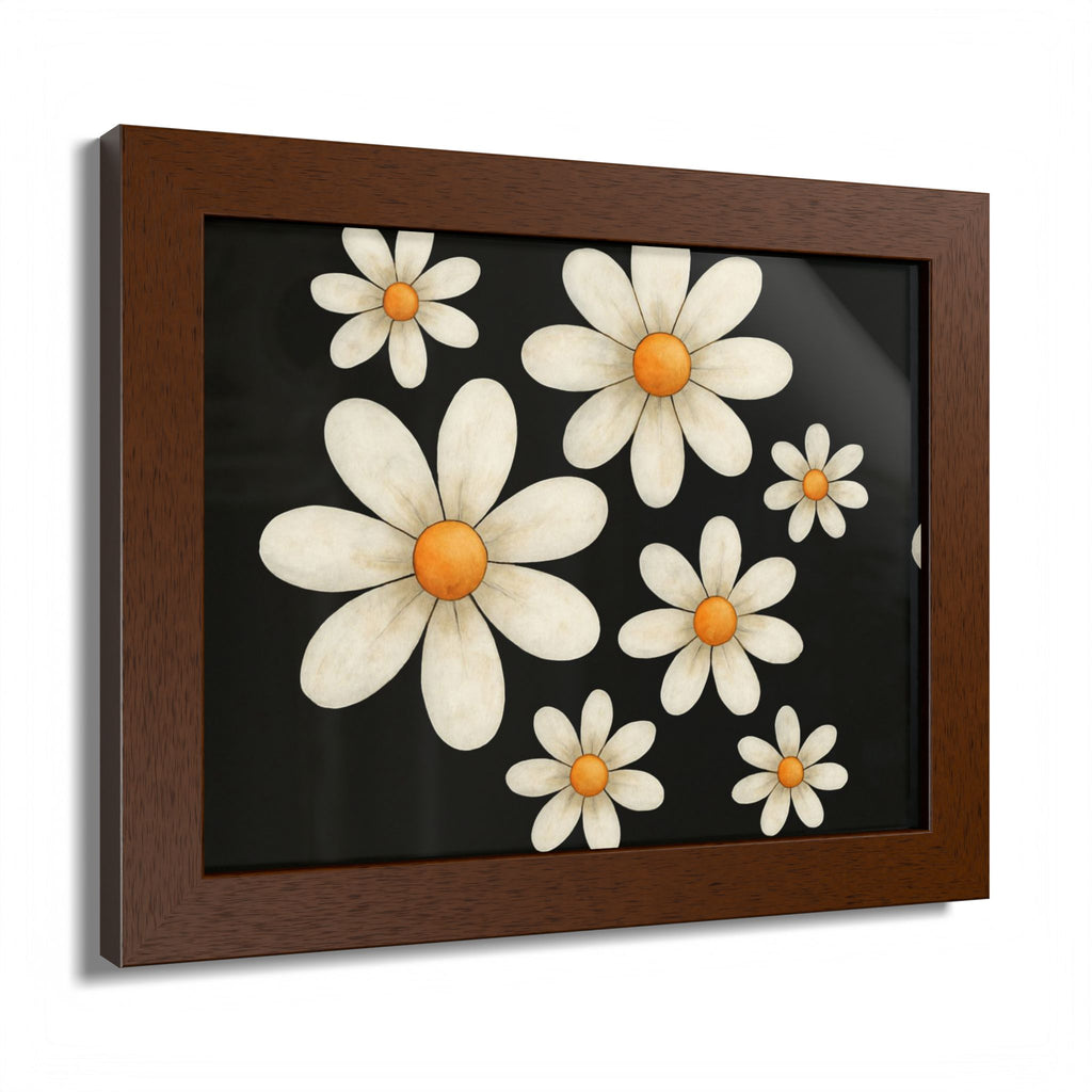 Framed Poster, Daisy Flower Wood, Floral Wall Art, Botanical Home Decor, Nature Lover Gift, Black Background, Unique Design