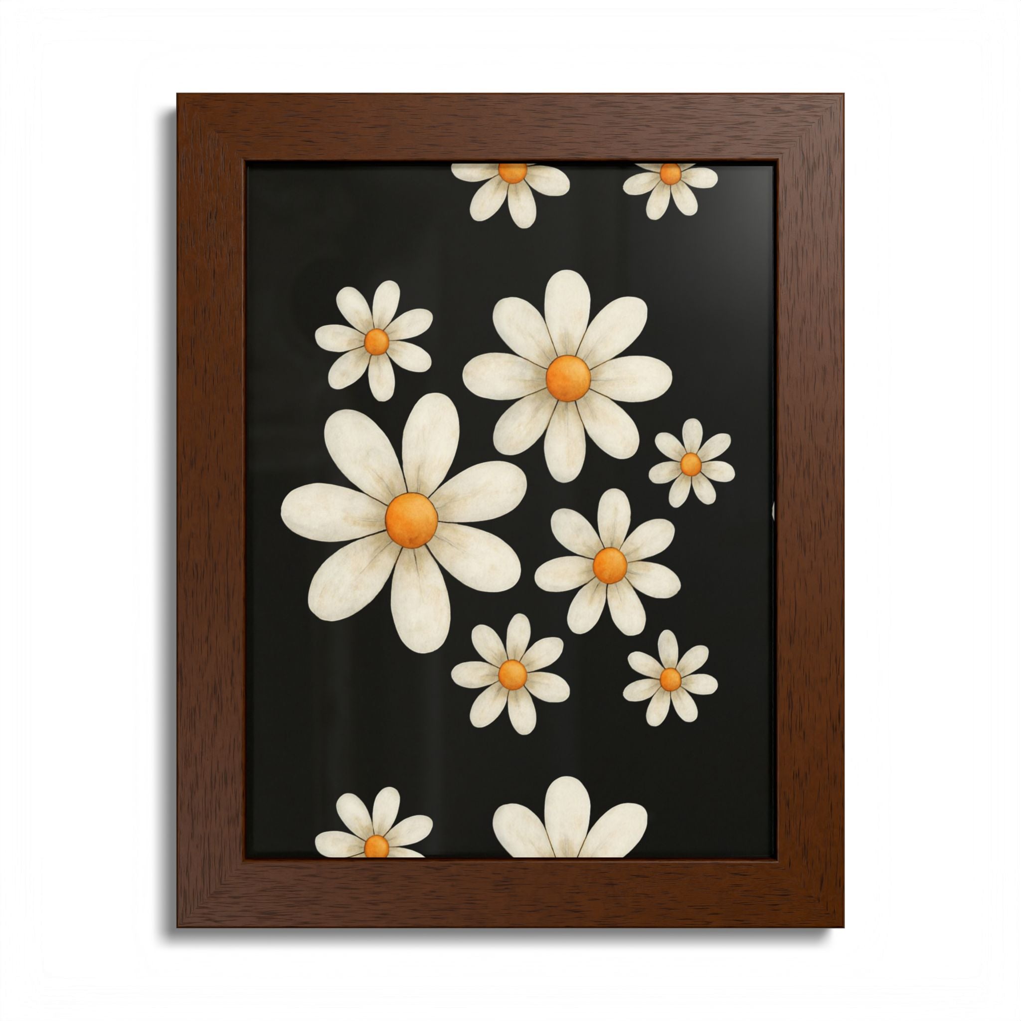 Framed Poster, Daisy Flower Wood, Floral Wall Art, Botanical Home Decor, Nature Lover Gift, Black Background, Unique Design