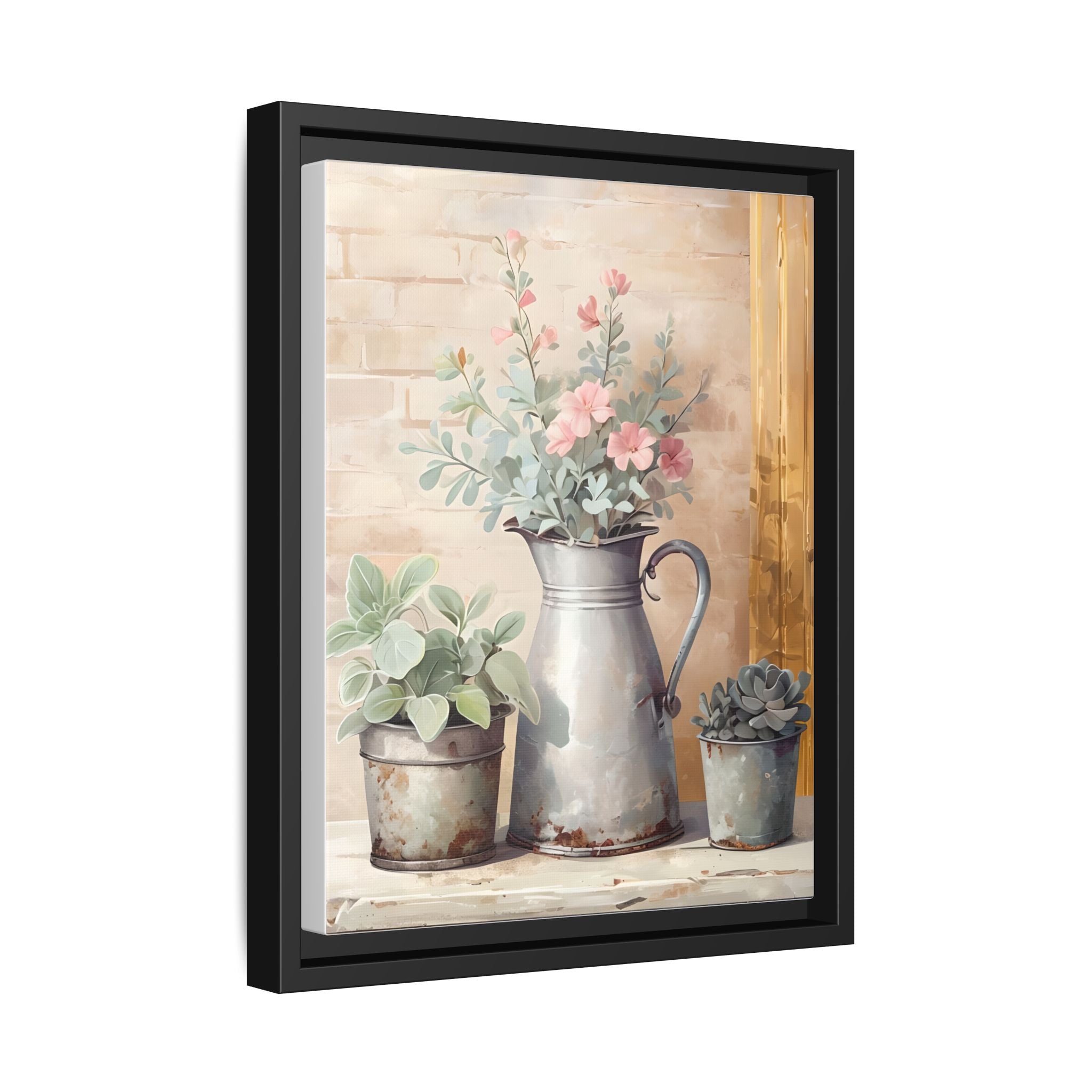 Vintage Galvanized Buckets with Pink Flowers & Succulents Canvas Wall Art, Rustic Brick Wall Farmhouse Decor, Shabby Chic Floral Print