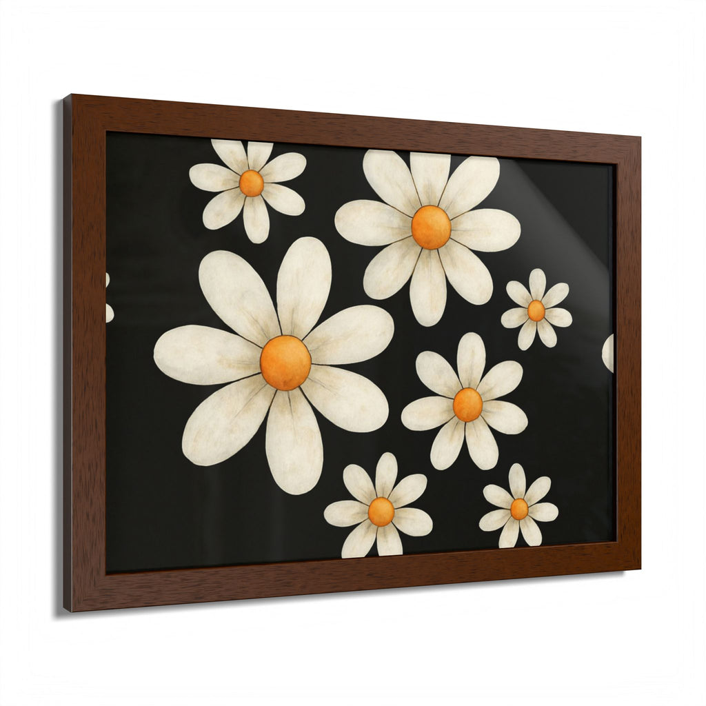 Framed Poster, Daisy Flower Wood, Floral Wall Art, Botanical Home Decor, Nature Lover Gift, Black Background, Unique Design