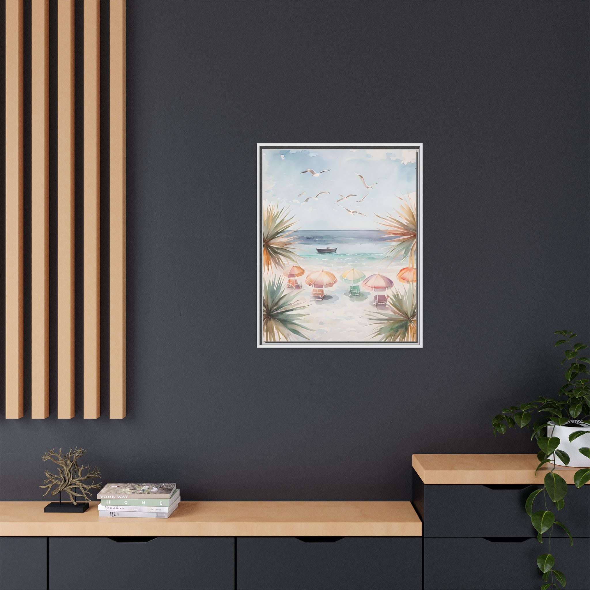 Beach Scene Canvas Wall Art, Oceanview Balcony Print, Umbrellas Seagulls Palm Trees Boat, Matte Framed Decor, Coastal Home Decoration