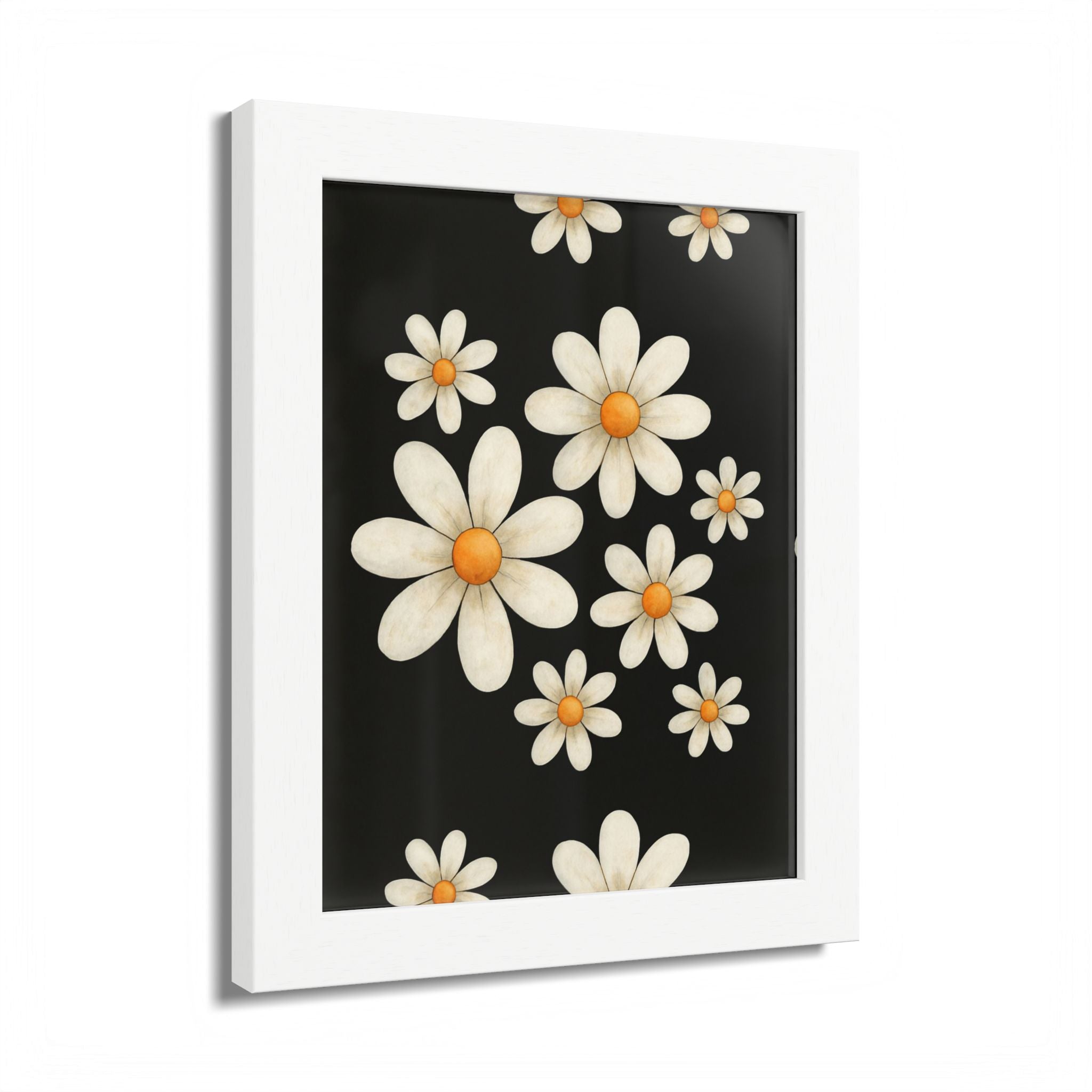 Framed Poster, Daisy Flower Wood, Floral Wall Art, Botanical Home Decor, Nature Lover Gift, Black Background, Unique Design