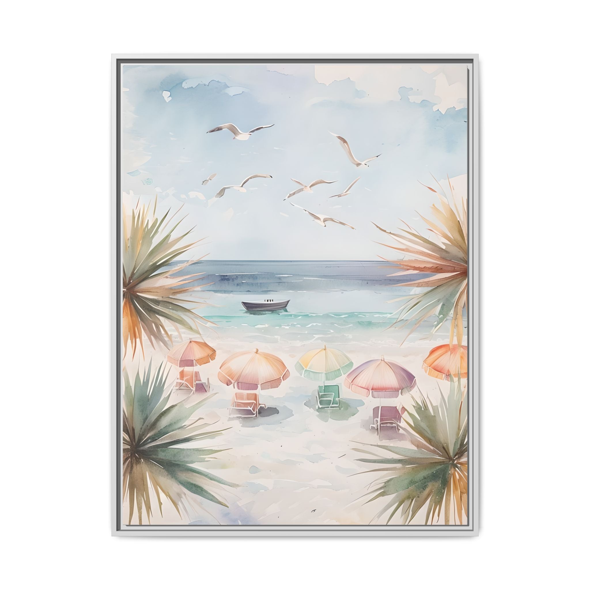Beach Scene Canvas Wall Art, Oceanview Balcony Print, Umbrellas Seagulls Palm Trees Boat, Matte Framed Decor, Coastal Home Decoration