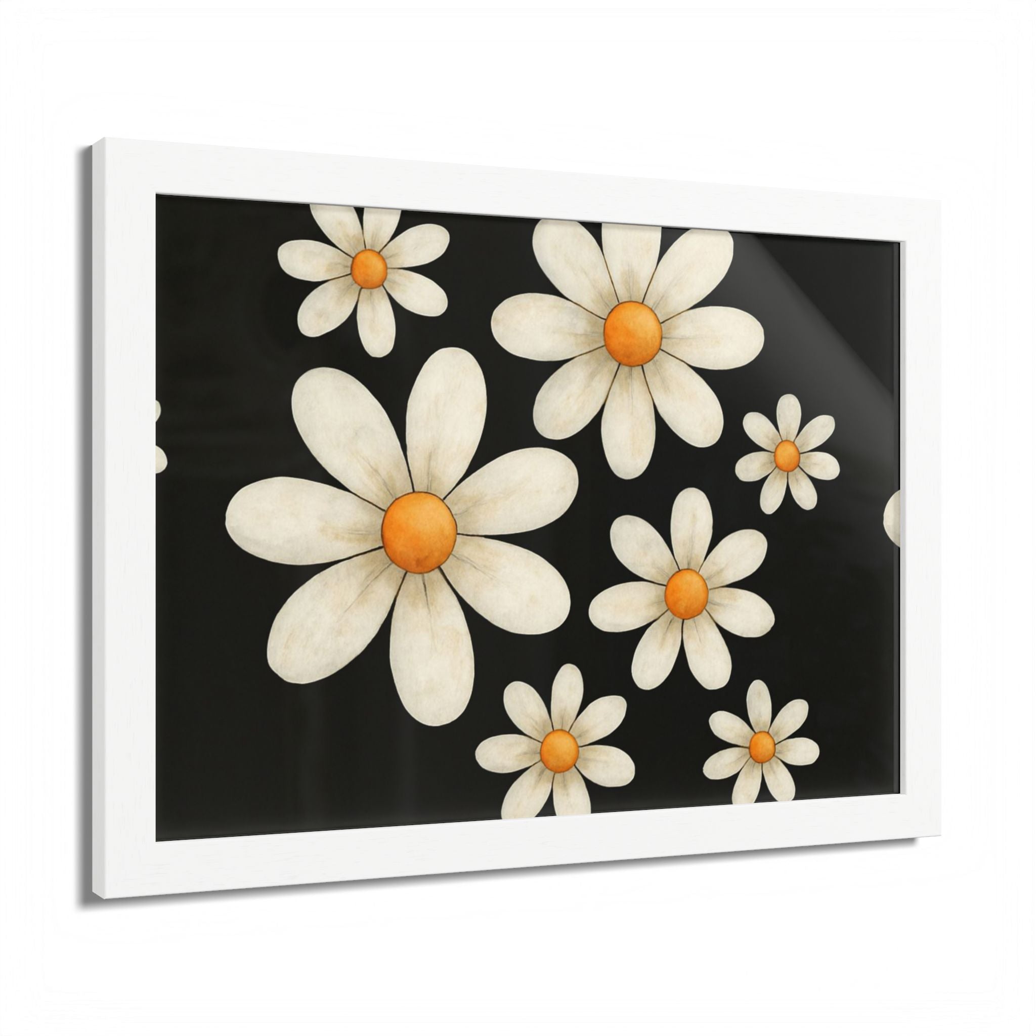 Framed Poster, Daisy Flower Wood, Floral Wall Art, Botanical Home Decor, Nature Lover Gift, Black Background, Unique Design