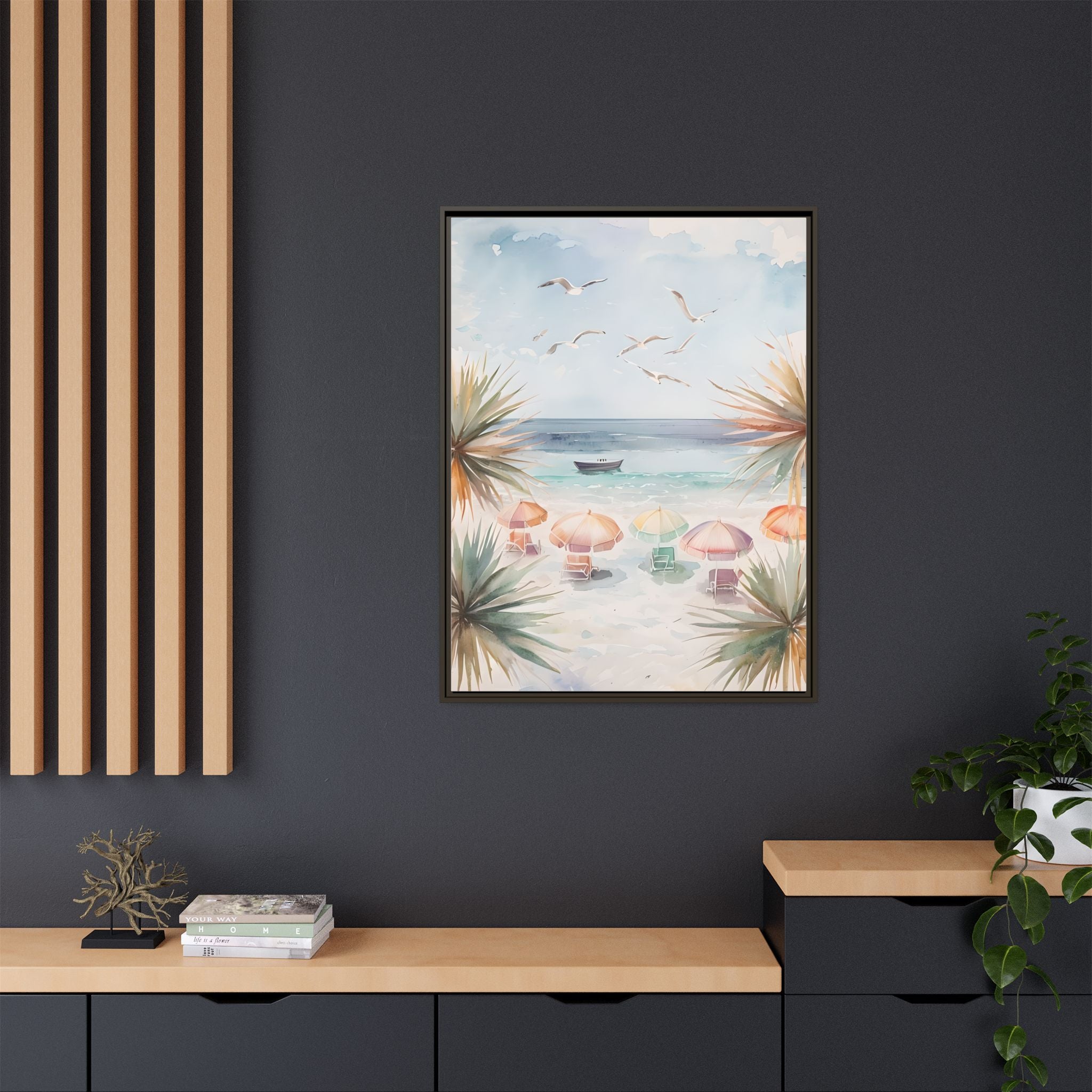 Beach Scene Canvas Wall Art, Oceanview Balcony Print, Umbrellas Seagulls Palm Trees Boat, Matte Framed Decor, Coastal Home Decoration