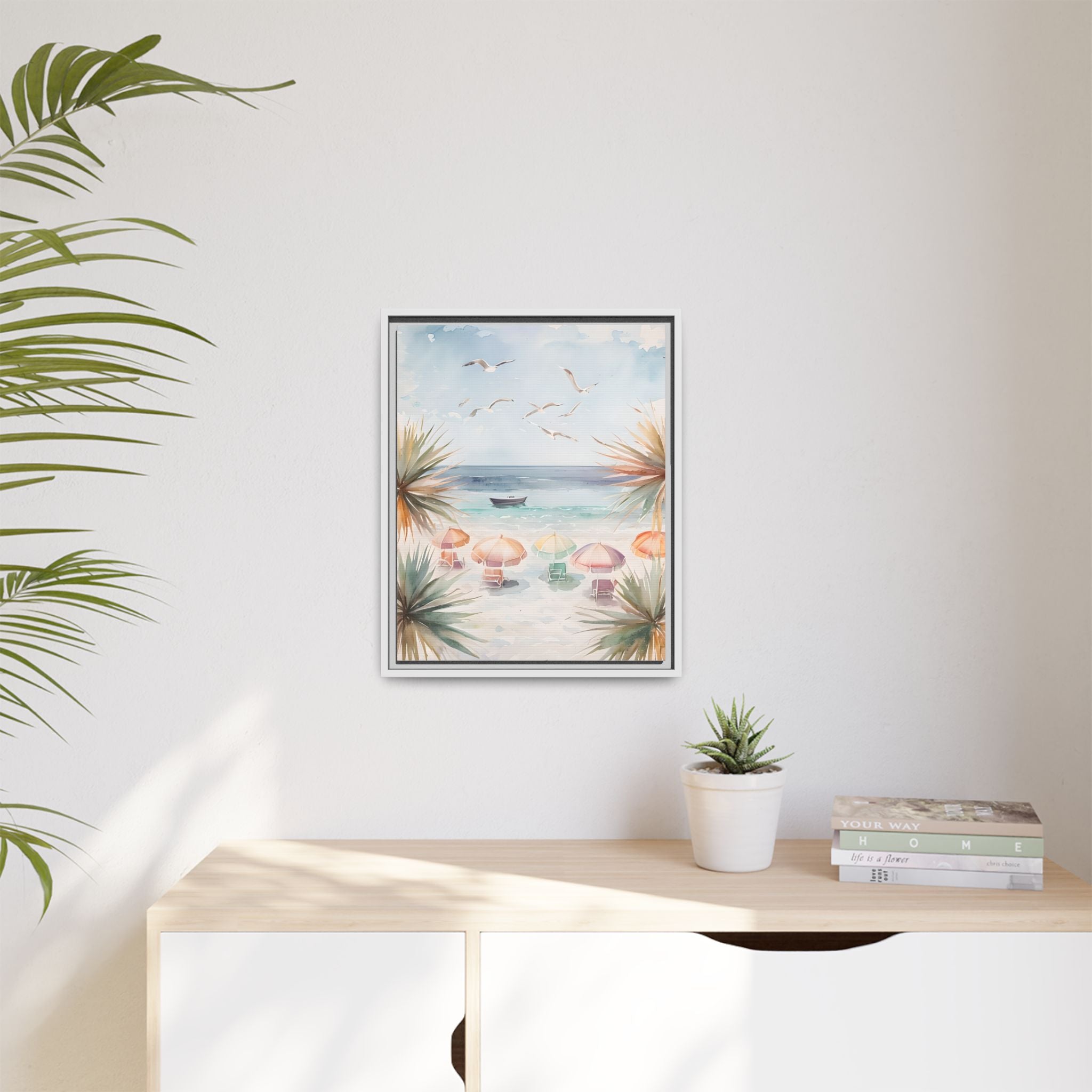 Beach Scene Canvas Wall Art, Oceanview Balcony Print, Umbrellas Seagulls Palm Trees Boat, Matte Framed Decor, Coastal Home Decoration