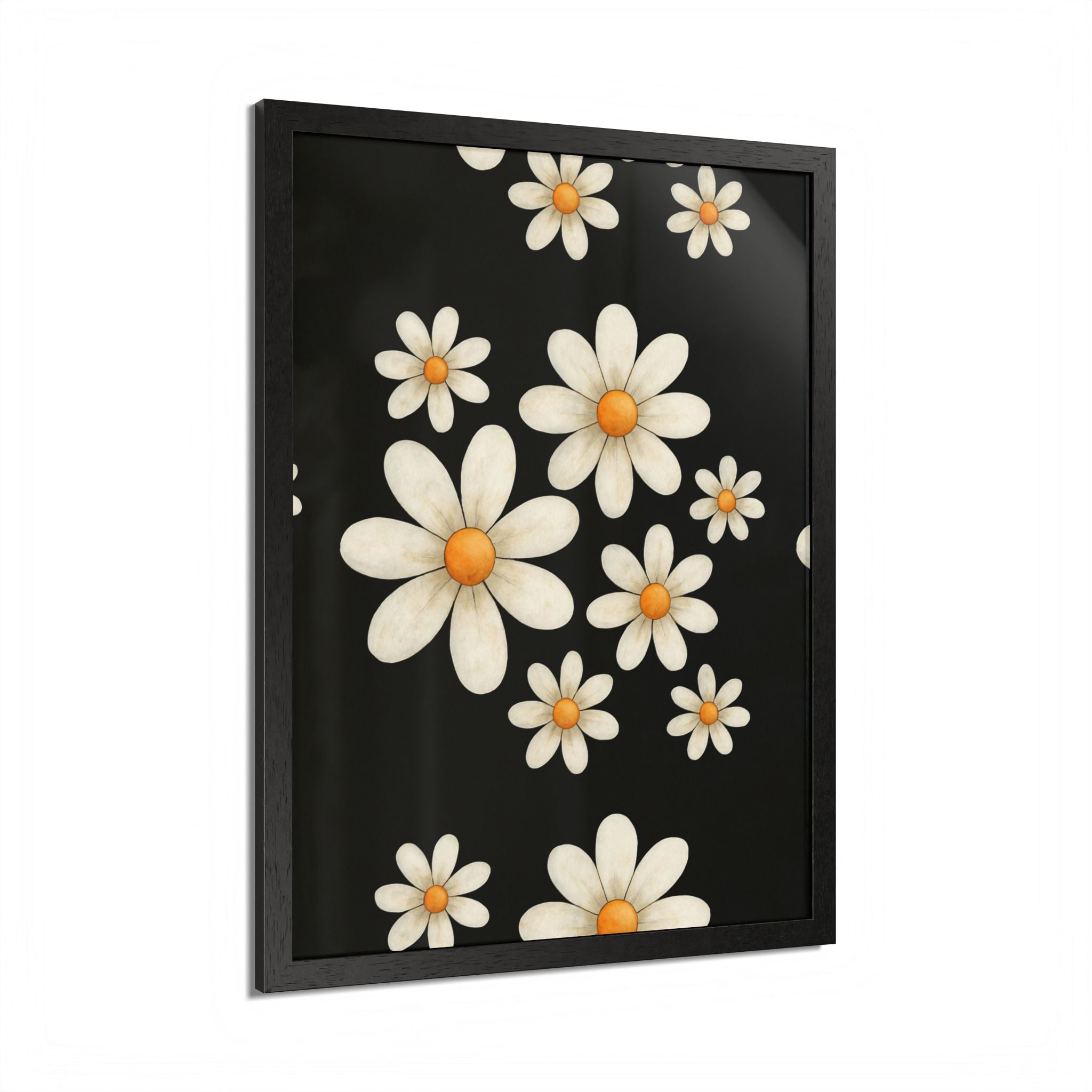 Framed Poster, Daisy Flower Wood, Floral Wall Art, Botanical Home Decor, Nature Lover Gift, Black Background, Unique Design