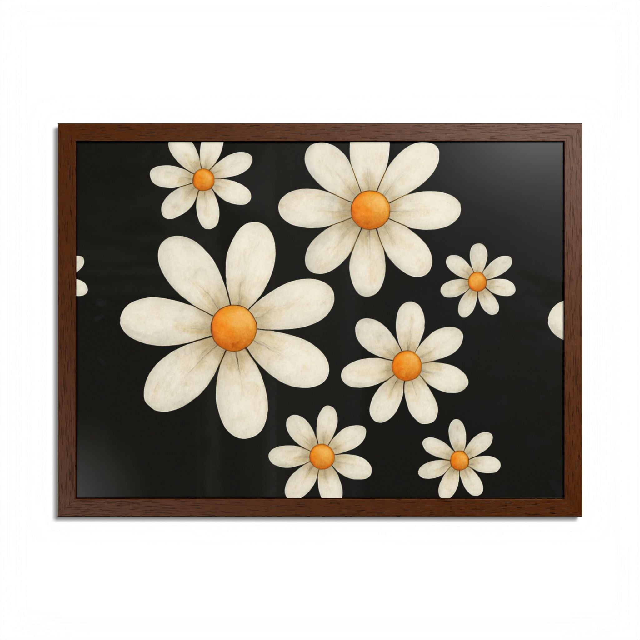 Framed Poster, Daisy Flower Wood, Floral Wall Art, Botanical Home Decor, Nature Lover Gift, Black Background, Unique Design