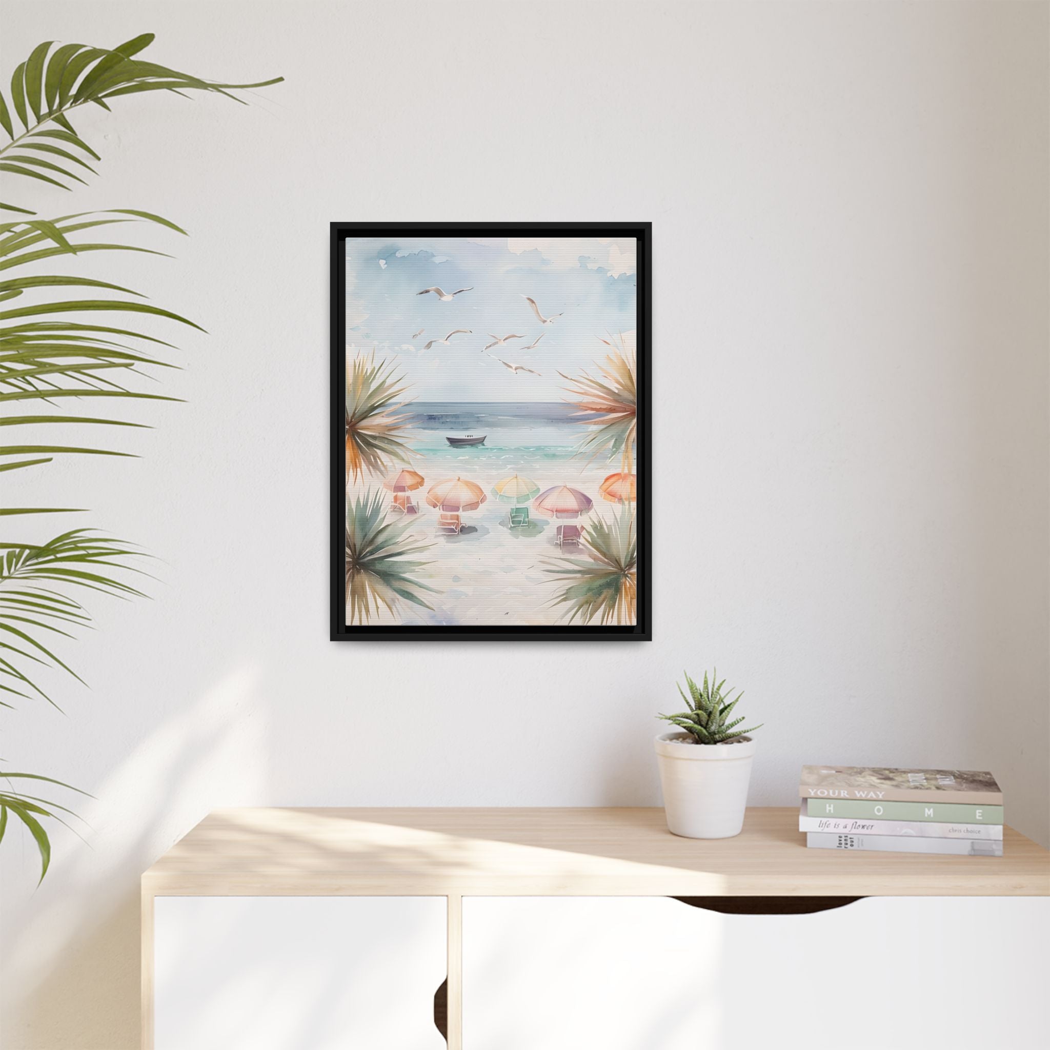 Beach Scene Canvas Wall Art, Oceanview Balcony Print, Umbrellas Seagulls Palm Trees Boat, Matte Framed Decor, Coastal Home Decoration