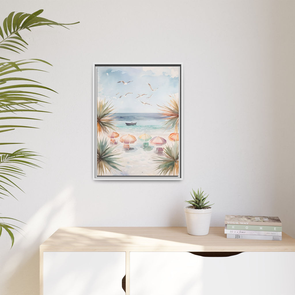 Beach Scene Canvas Wall Art, Oceanview Balcony Print, Umbrellas Seagulls Palm Trees Boat, Matte Framed Decor, Coastal Home Decoration