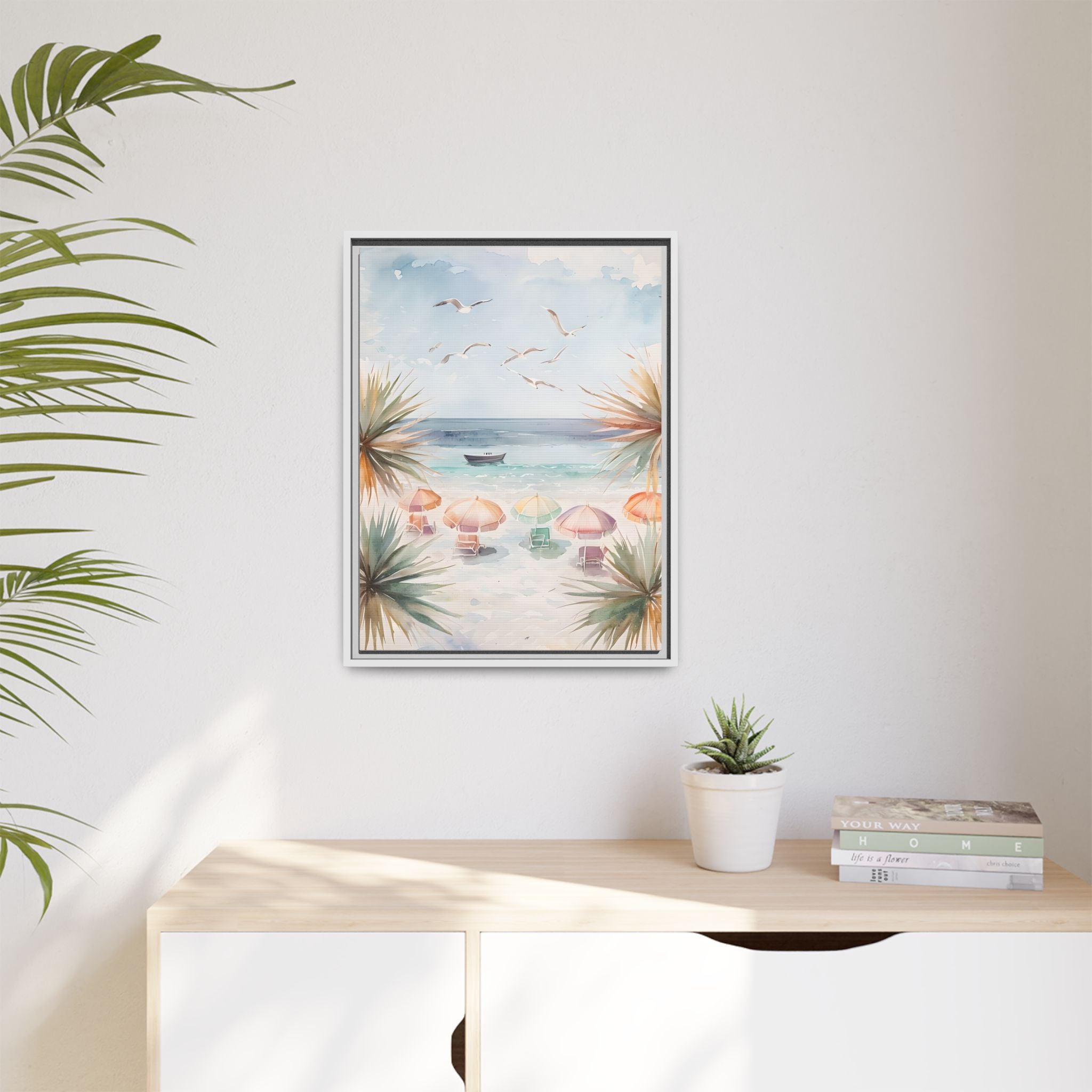 Beach Scene Canvas Wall Art, Oceanview Balcony Print, Umbrellas Seagulls Palm Trees Boat, Matte Framed Decor, Coastal Home Decoration