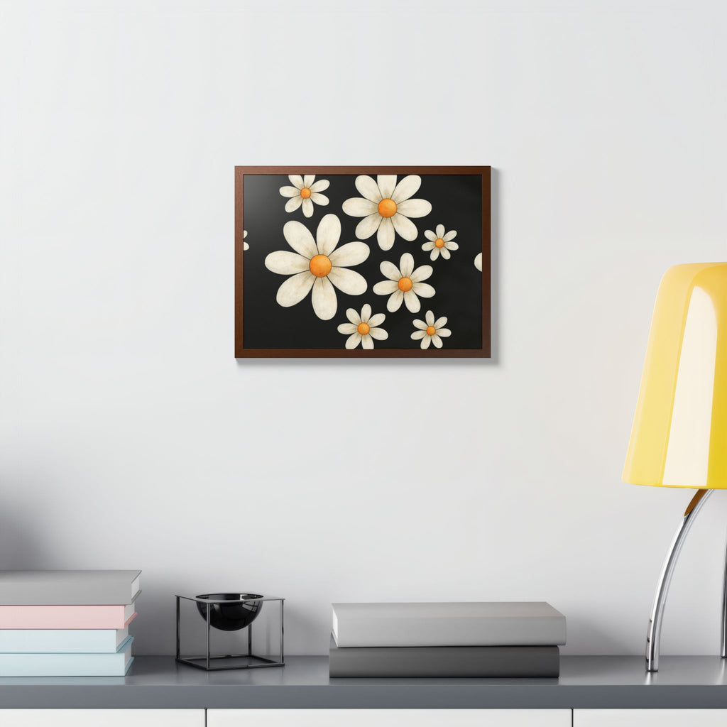 Framed Poster, Daisy Flower Wood, Floral Wall Art, Botanical Home Decor, Nature Lover Gift, Black Background, Unique Design
