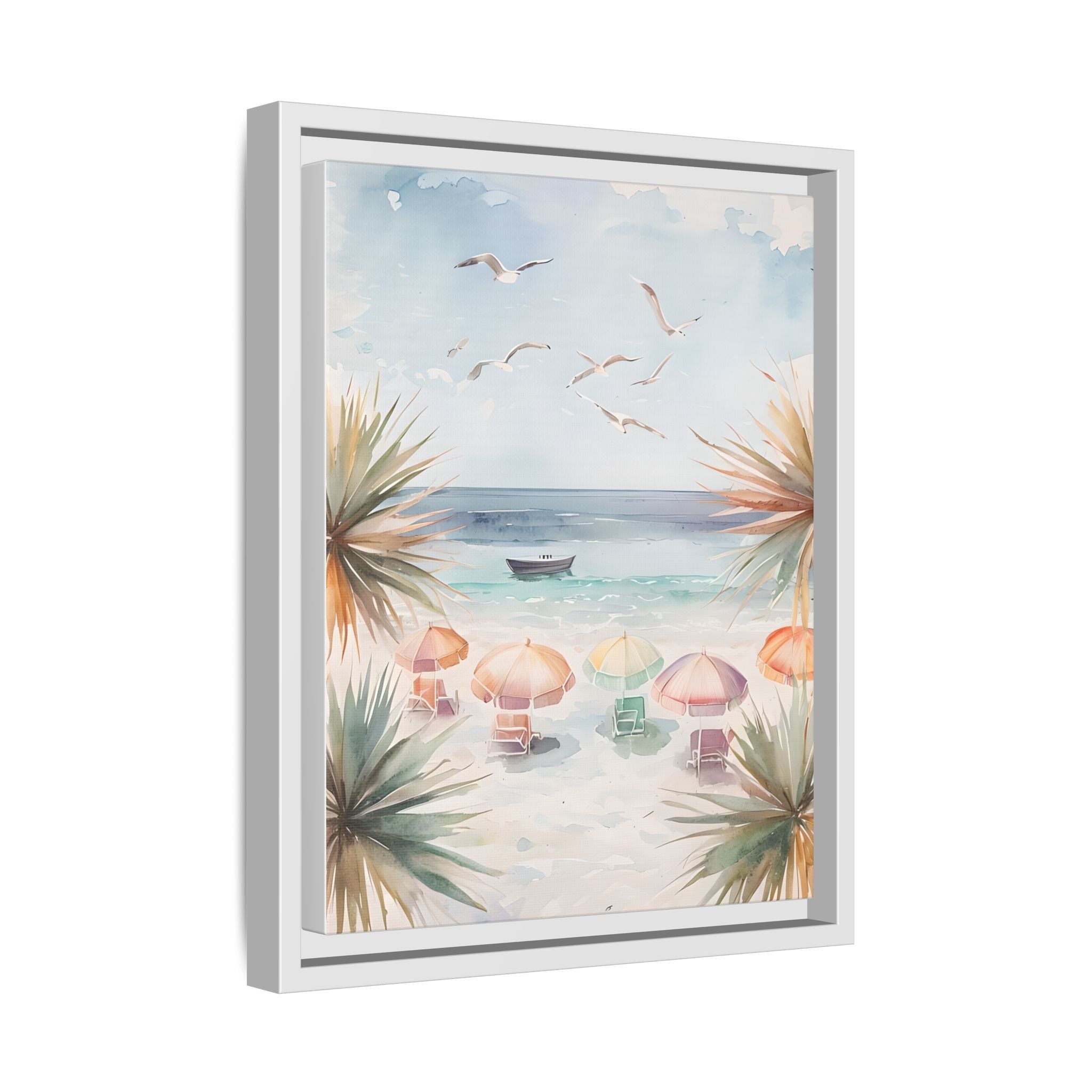 Beach Scene Canvas Wall Art, Oceanview Balcony Print, Umbrellas Seagulls Palm Trees Boat, Matte Framed Decor, Coastal Home Decoration