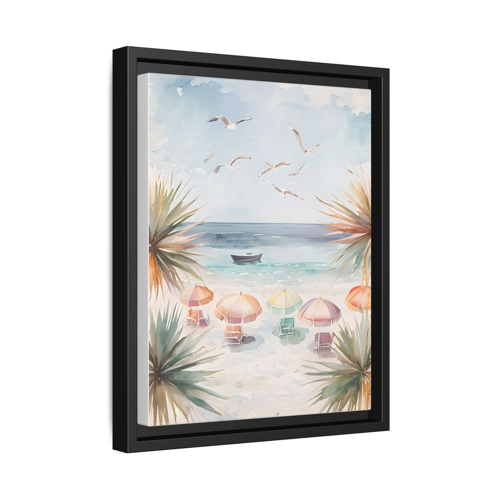 Beach Scene Canvas Wall Art, Oceanview Balcony Print, Umbrellas Seagulls Palm Trees Boat, Matte Framed Decor, Coastal Home Decoration