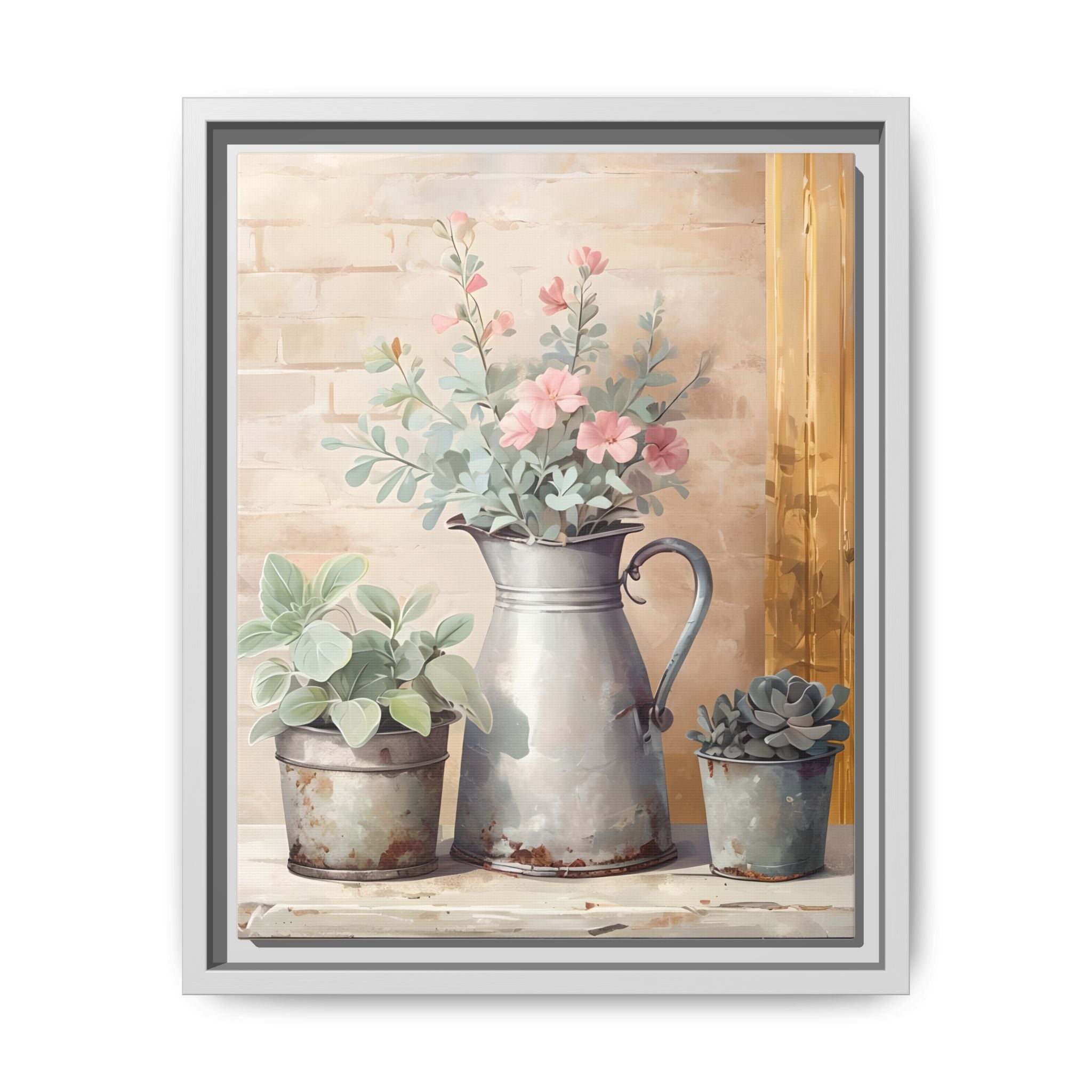 Vintage Galvanized Buckets with Pink Flowers & Succulents Canvas Wall Art, Rustic Brick Wall Farmhouse Decor, Shabby Chic Floral Print