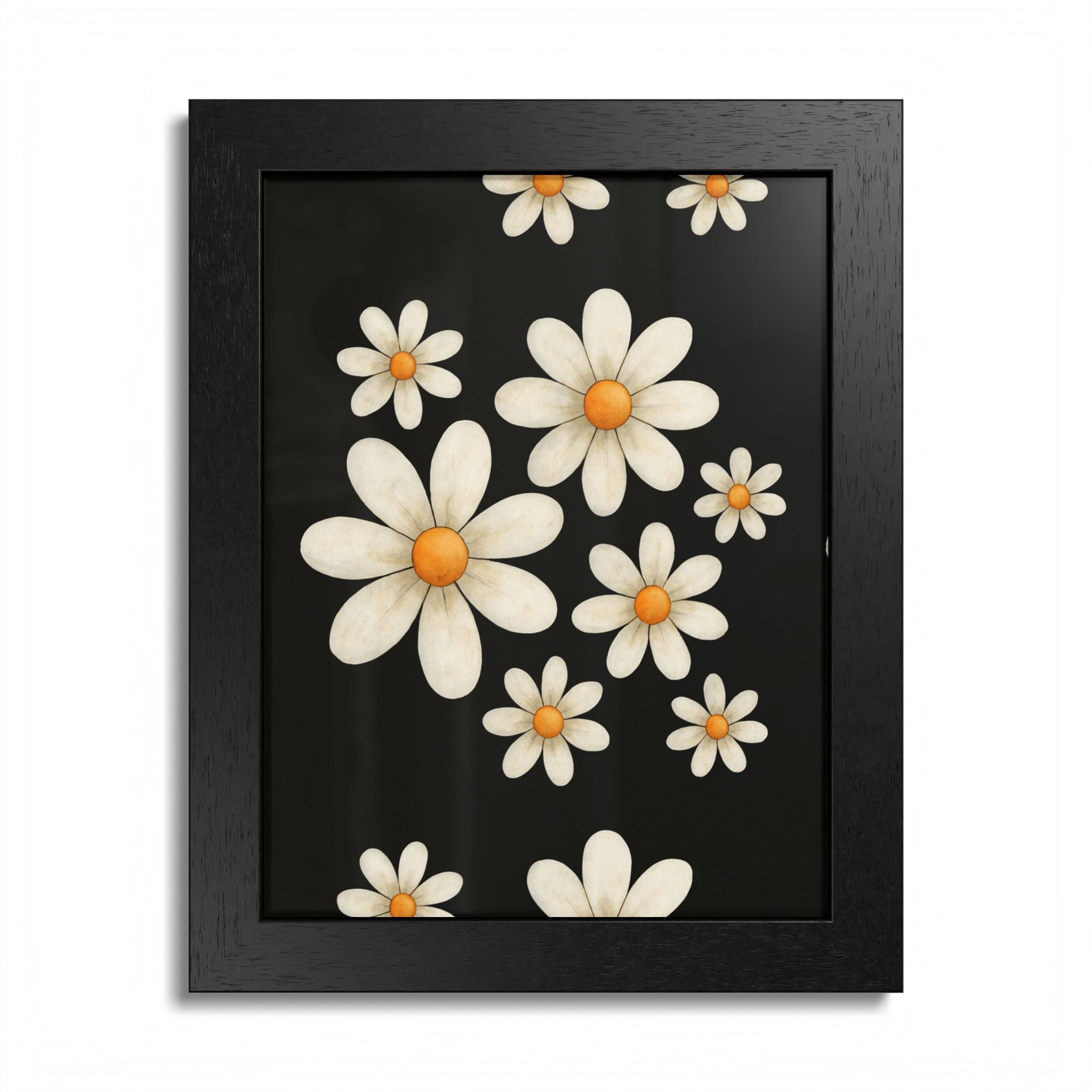 Framed Poster, Daisy Flower Wood, Floral Wall Art, Botanical Home Decor, Nature Lover Gift, Black Background, Unique Design
