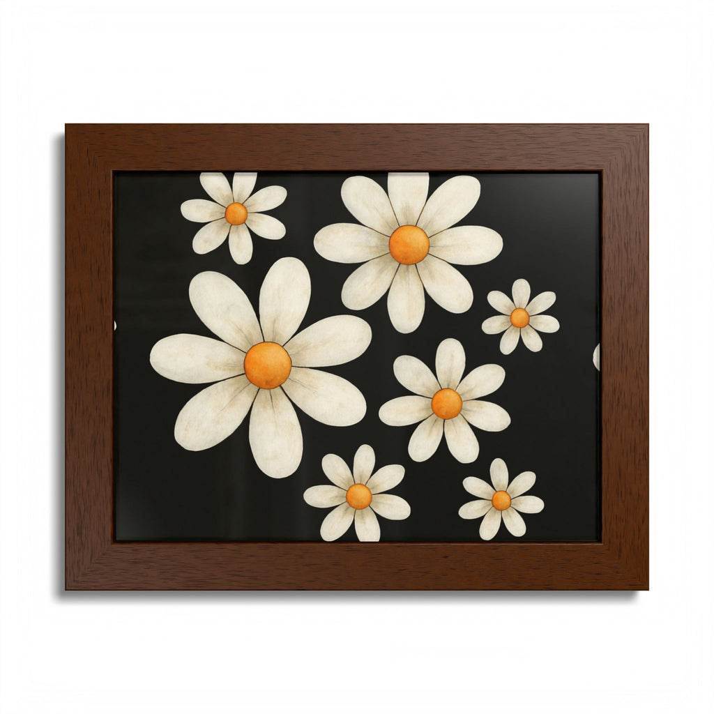 Framed Poster, Daisy Flower Wood, Floral Wall Art, Botanical Home Decor, Nature Lover Gift, Black Background, Unique Design