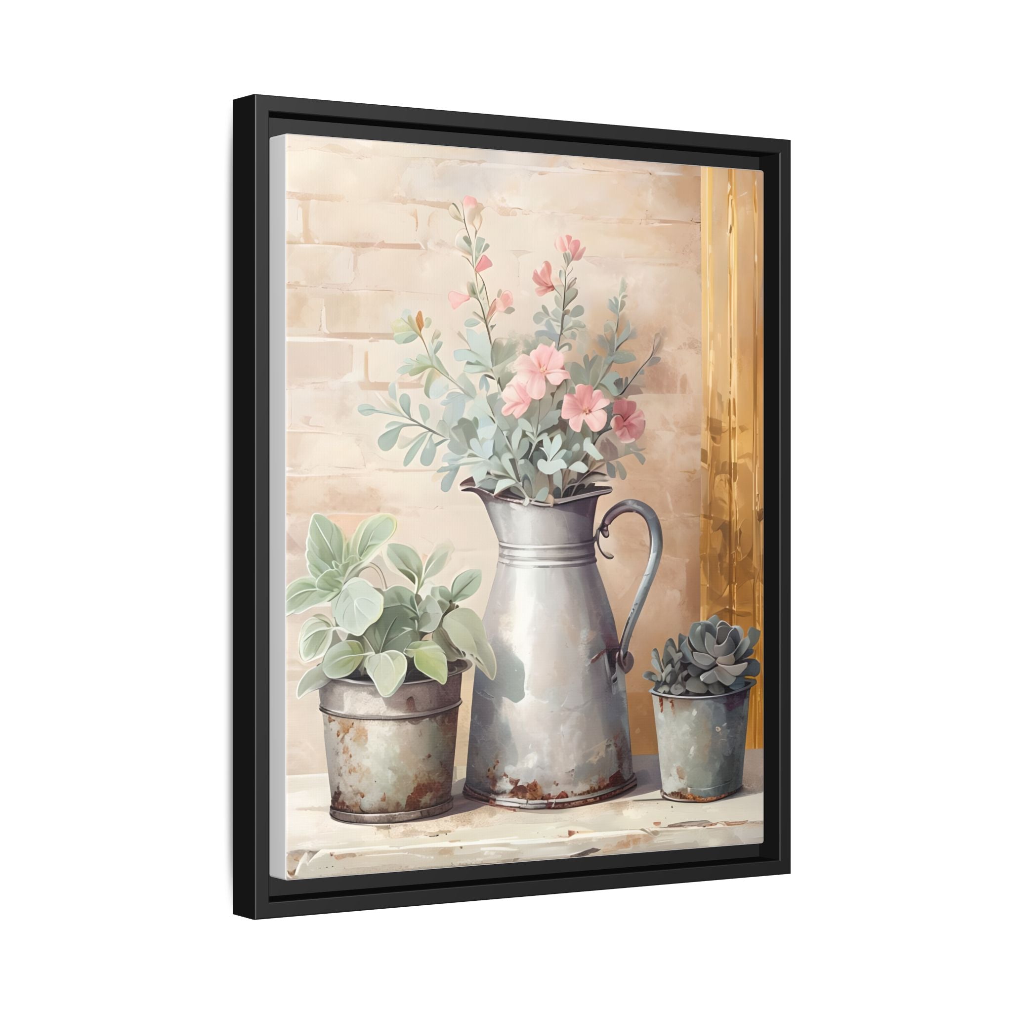 Vintage Galvanized Buckets with Pink Flowers & Succulents Canvas Wall Art, Rustic Brick Wall Farmhouse Decor, Shabby Chic Floral Print