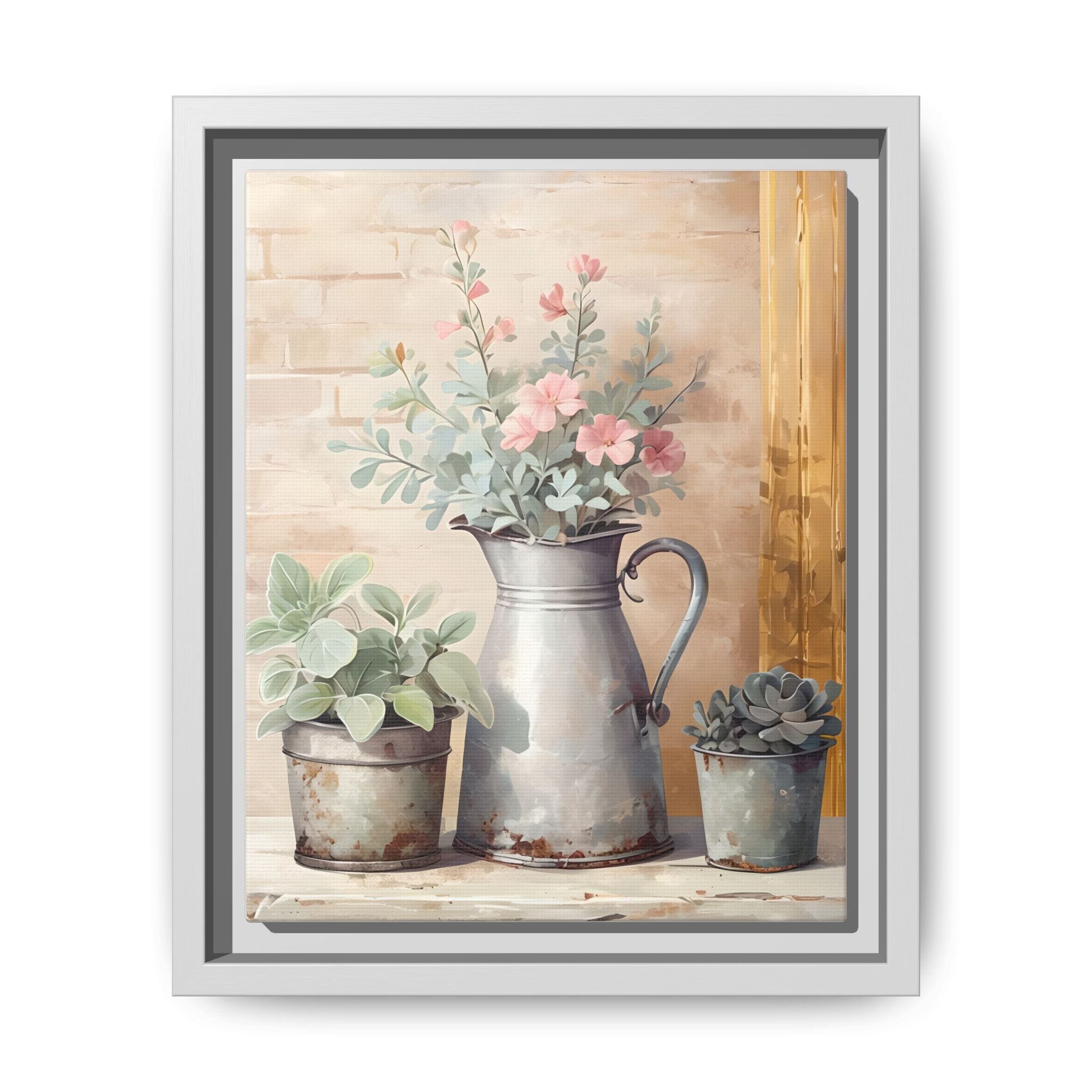 Vintage Galvanized Buckets with Pink Flowers & Succulents Canvas Wall Art, Rustic Brick Wall Farmhouse Decor, Shabby Chic Floral Print