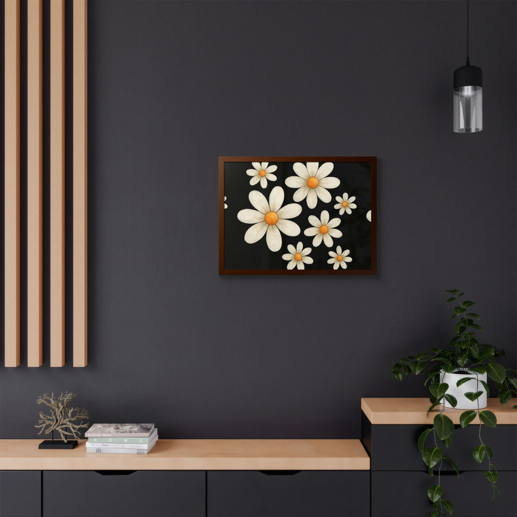 Framed Poster, Daisy Flower Wood, Floral Wall Art, Botanical Home Decor, Nature Lover Gift, Black Background, Unique Design