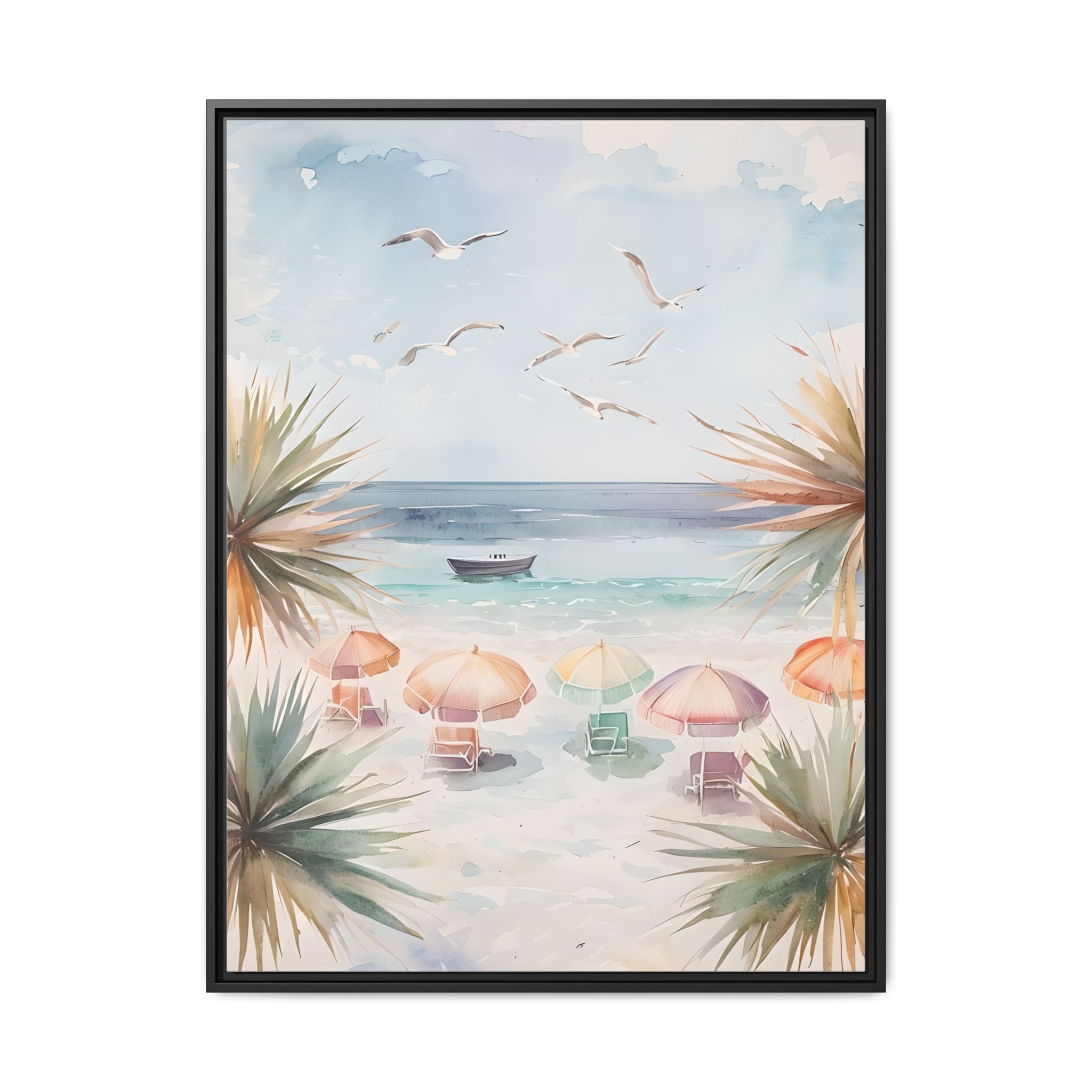 Beach Scene Canvas Wall Art, Oceanview Balcony Print, Umbrellas Seagulls Palm Trees Boat, Matte Framed Decor, Coastal Home Decoration