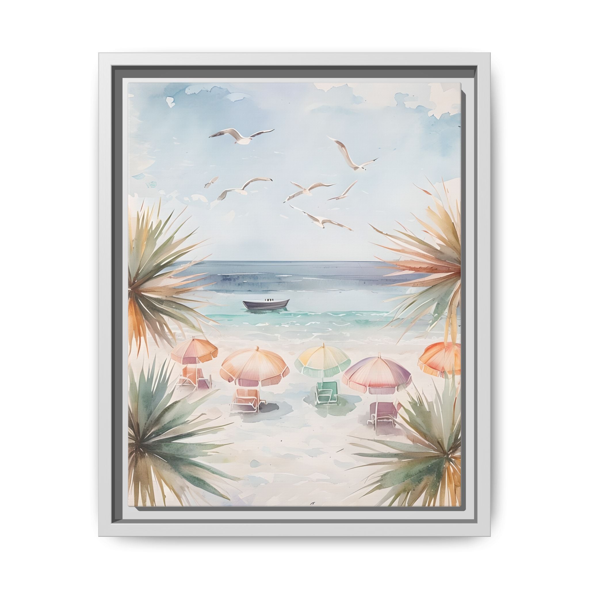 Beach Scene Canvas Wall Art, Oceanview Balcony Print, Umbrellas Seagulls Palm Trees Boat, Matte Framed Decor, Coastal Home Decoration