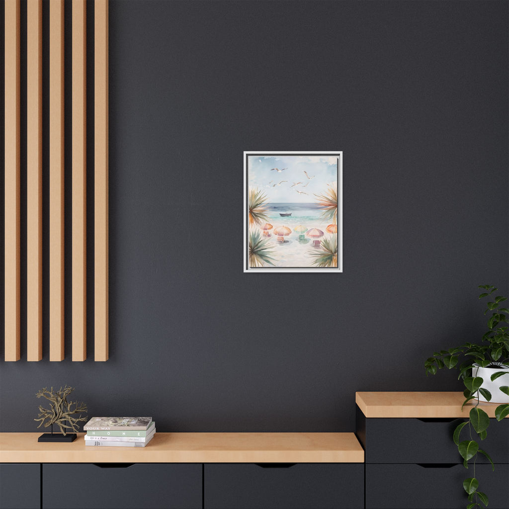 Beach Scene Canvas Wall Art, Oceanview Balcony Print, Umbrellas Seagulls Palm Trees Boat, Matte Framed Decor, Coastal Home Decoration