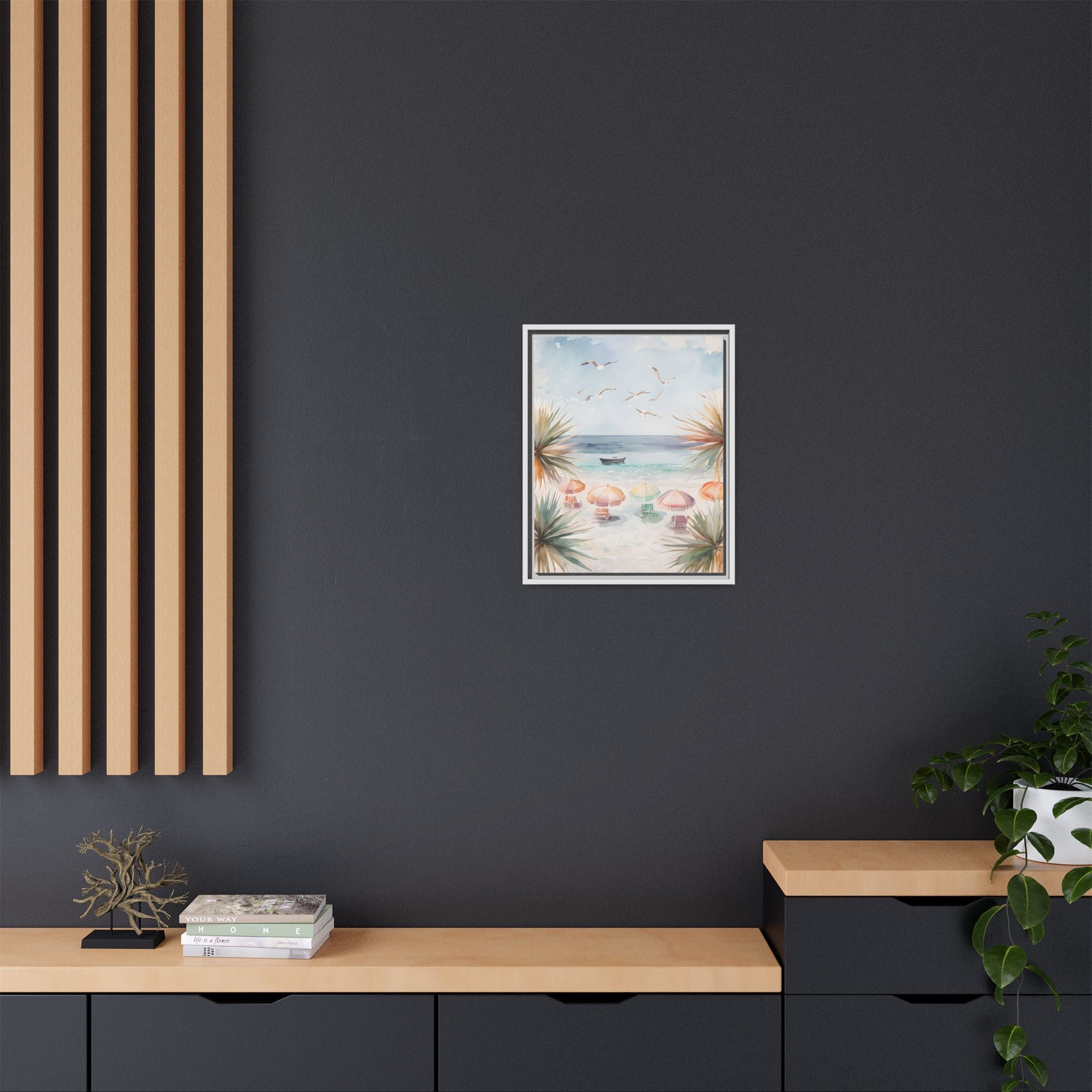 Beach Scene Canvas Wall Art, Oceanview Balcony Print, Umbrellas Seagulls Palm Trees Boat, Matte Framed Decor, Coastal Home Decoration