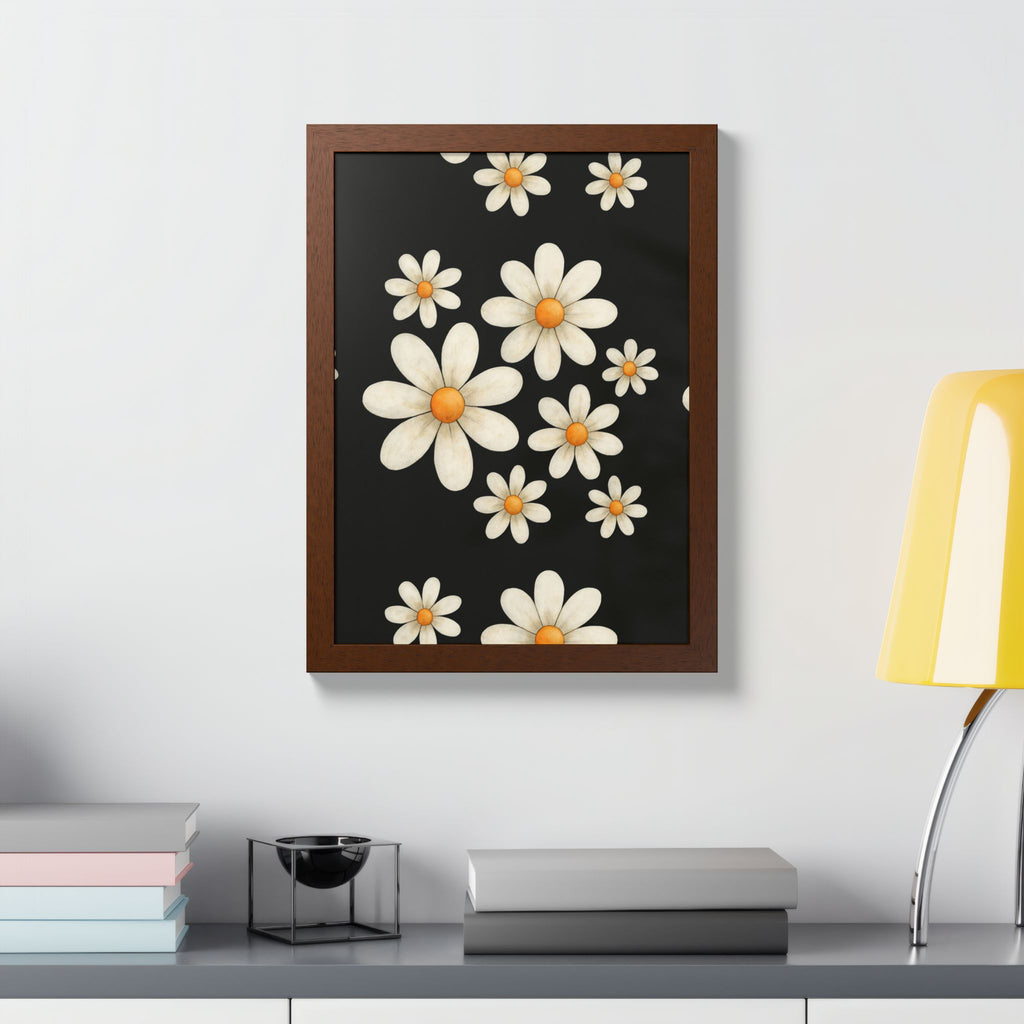 Framed Poster, Daisy Flower Wood, Floral Wall Art, Botanical Home Decor, Nature Lover Gift, Black Background, Unique Design