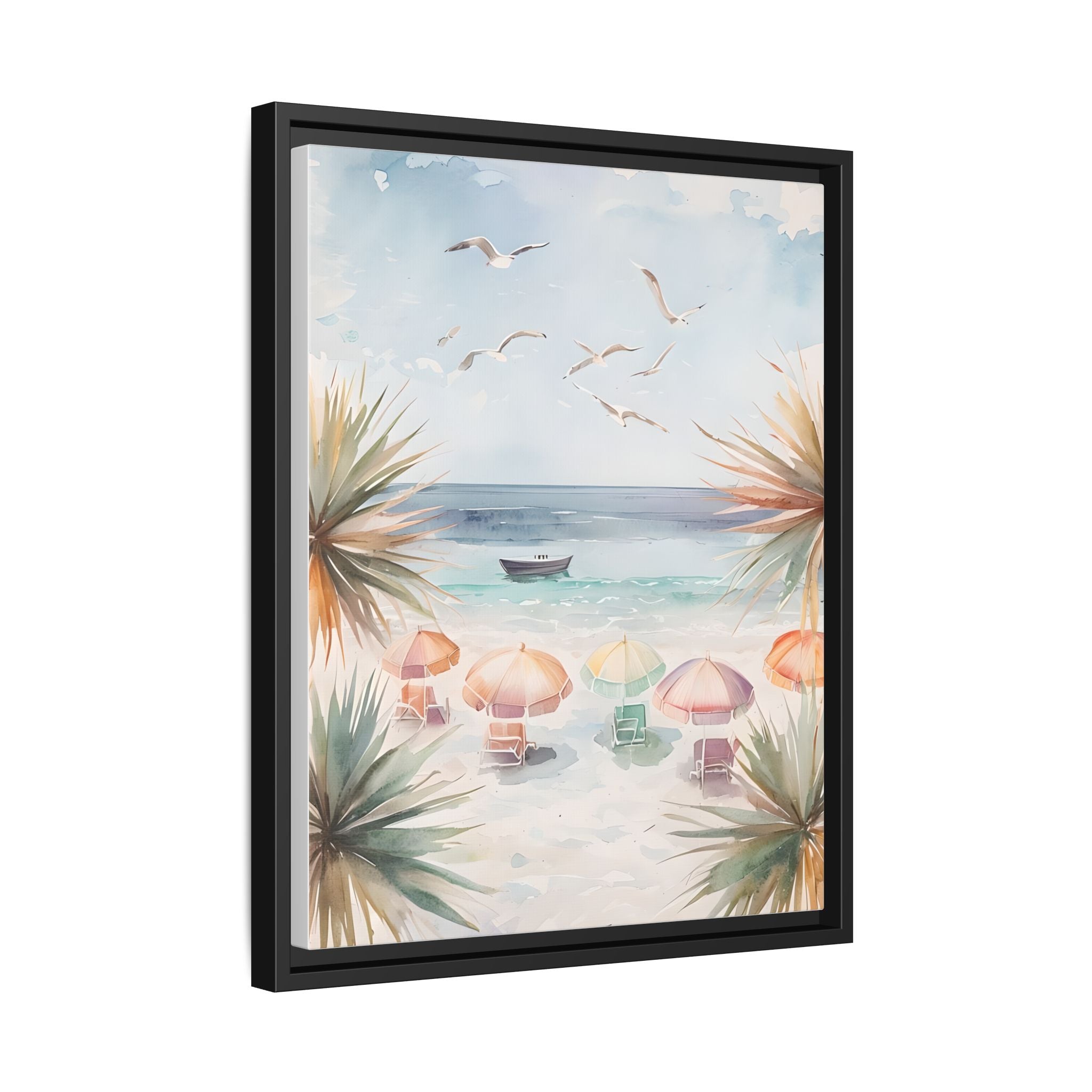 Beach Scene Canvas Wall Art, Oceanview Balcony Print, Umbrellas Seagulls Palm Trees Boat, Matte Framed Decor, Coastal Home Decoration