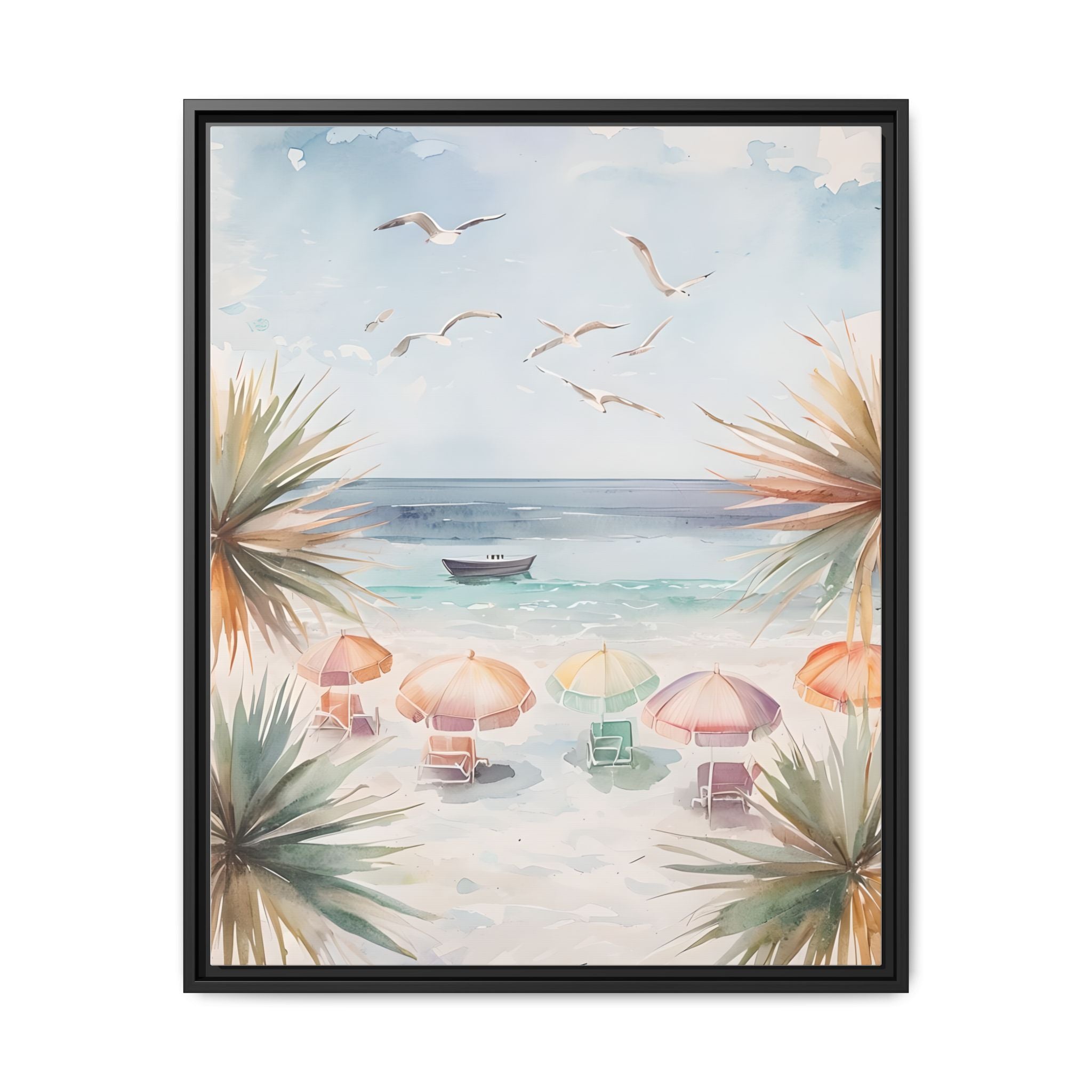 Beach Scene Canvas Wall Art, Oceanview Balcony Print, Umbrellas Seagulls Palm Trees Boat, Matte Framed Decor, Coastal Home Decoration
