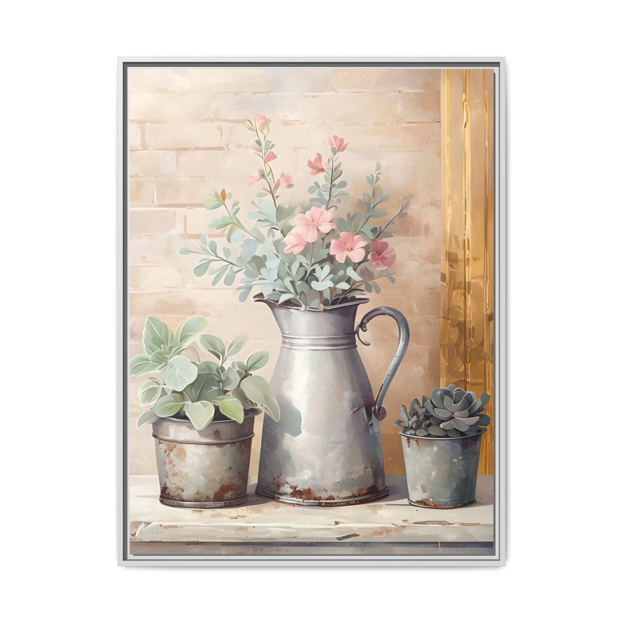 Vintage Galvanized Buckets with Pink Flowers & Succulents Canvas Wall Art, Rustic Brick Wall Farmhouse Decor, Shabby Chic Floral Print
