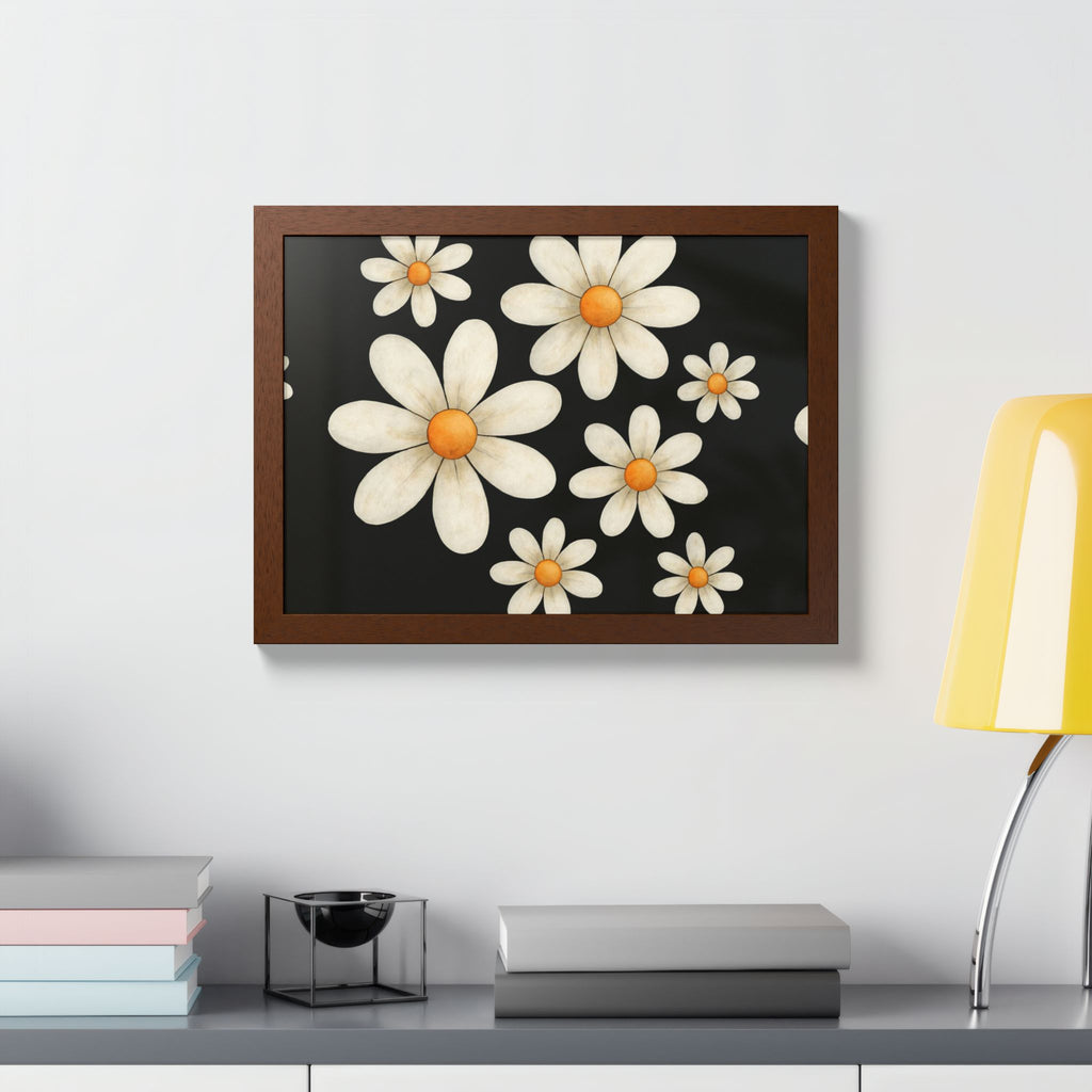 Framed Poster, Daisy Flower Wood, Floral Wall Art, Botanical Home Decor, Nature Lover Gift, Black Background, Unique Design