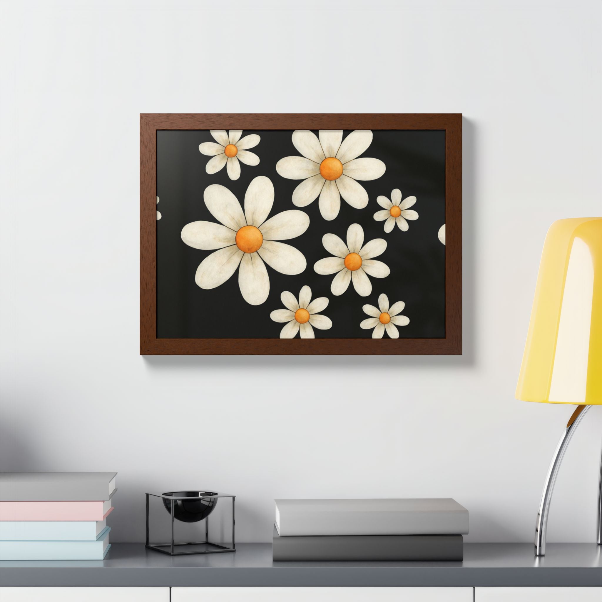 Framed Poster, Daisy Flower Wood, Floral Wall Art, Botanical Home Decor, Nature Lover Gift, Black Background, Unique Design