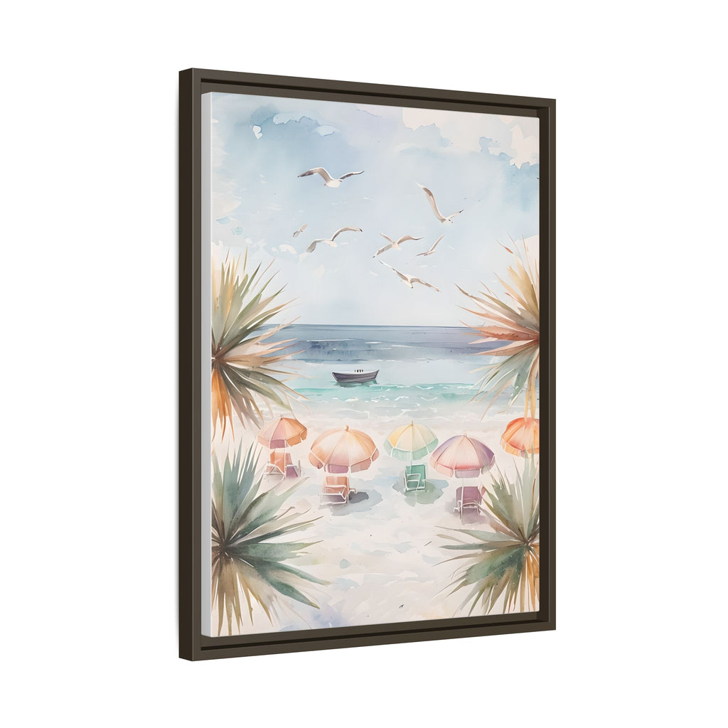 Beach Scene Canvas Wall Art, Oceanview Balcony Print, Umbrellas Seagulls Palm Trees Boat, Matte Framed Decor, Coastal Home Decoration