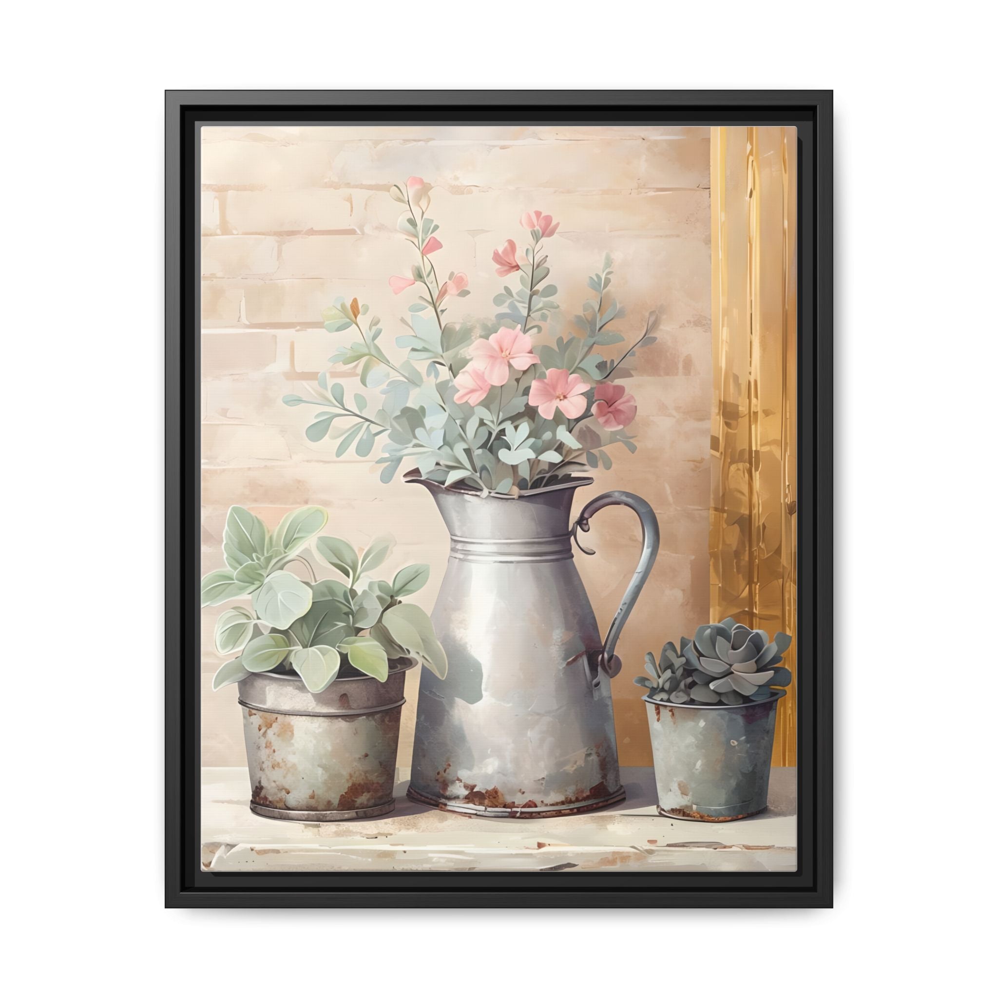 Vintage Galvanized Buckets with Pink Flowers & Succulents Canvas Wall Art, Rustic Brick Wall Farmhouse Decor, Shabby Chic Floral Print