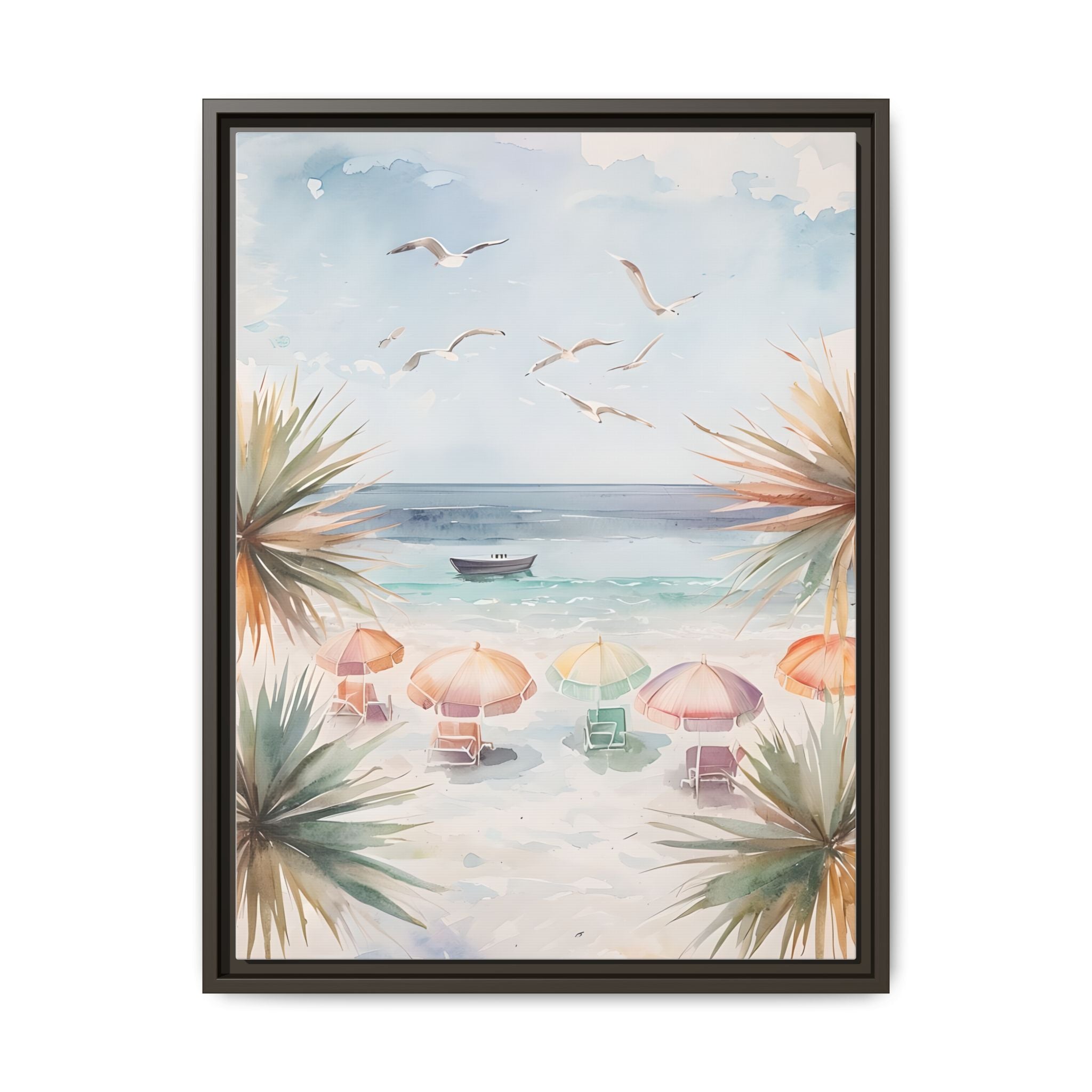 Beach Scene Canvas Wall Art, Oceanview Balcony Print, Umbrellas Seagulls Palm Trees Boat, Matte Framed Decor, Coastal Home Decoration