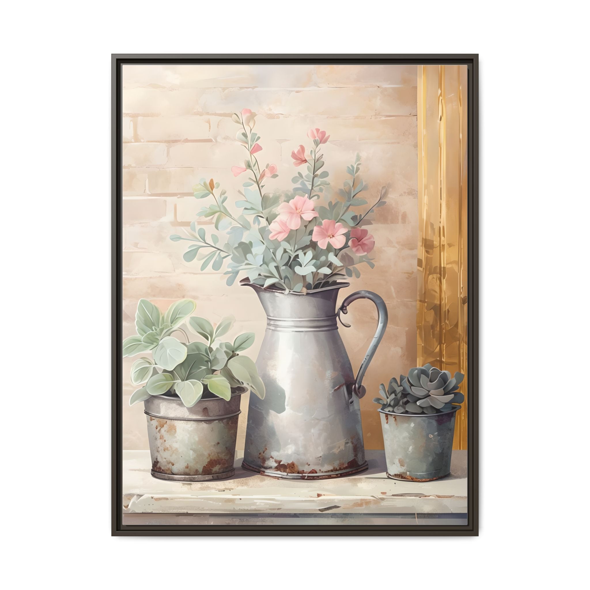 Vintage Galvanized Buckets with Pink Flowers & Succulents Canvas Wall Art, Rustic Brick Wall Farmhouse Decor, Shabby Chic Floral Print