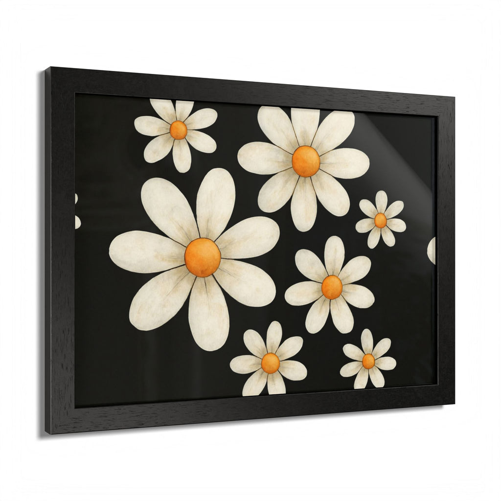 Framed Poster, Daisy Flower Wood, Floral Wall Art, Botanical Home Decor, Nature Lover Gift, Black Background, Unique Design