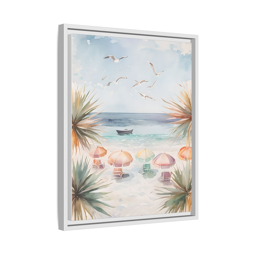 Beach Scene Canvas Wall Art, Oceanview Balcony Print, Umbrellas Seagulls Palm Trees Boat, Matte Framed Decor, Coastal Home Decoration