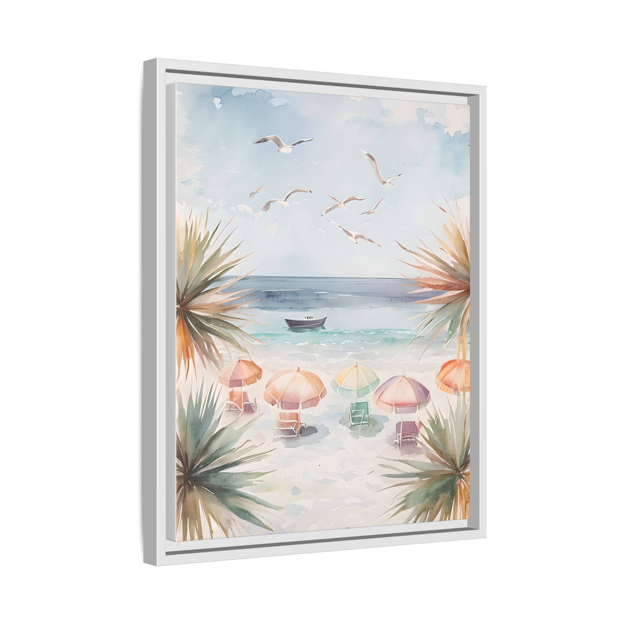 Beach Scene Canvas Wall Art, Oceanview Balcony Print, Umbrellas Seagulls Palm Trees Boat, Matte Framed Decor, Coastal Home Decoration