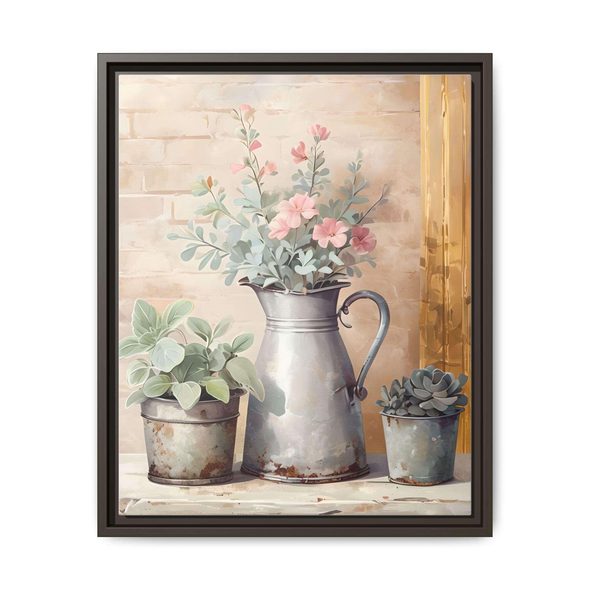 Vintage Galvanized Buckets with Pink Flowers & Succulents Canvas Wall Art, Rustic Brick Wall Farmhouse Decor, Shabby Chic Floral Print